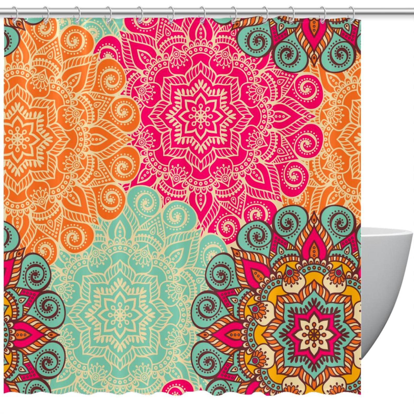 Rideau de douche motif floral bohème avec crochets pour salle de bain