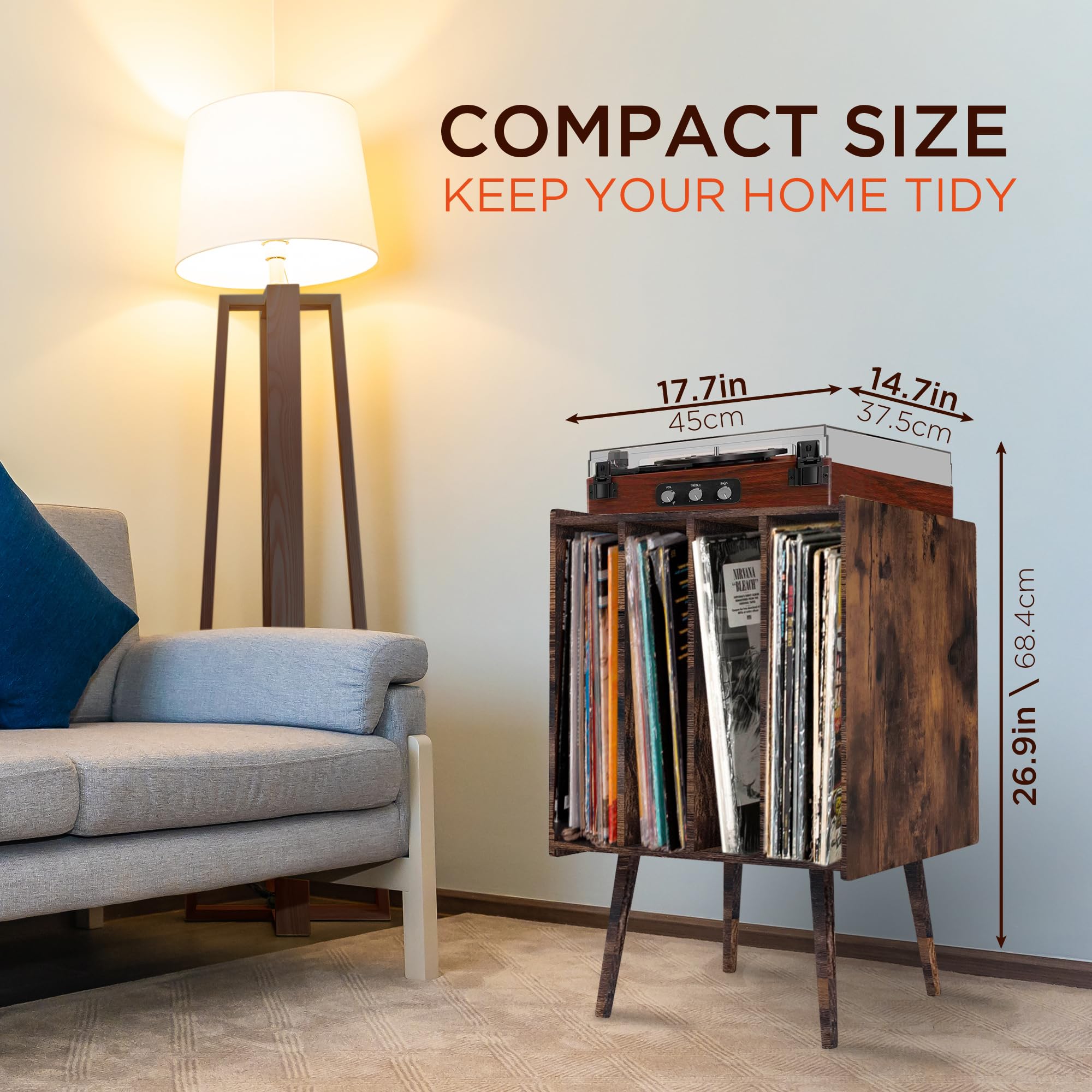 Blibblay Large Record Player Stand with Vinyl Storage, Wooden Turntable Stand with Record Storage Shelves, Mid-Century Modern Record Player Table for Albums, Stereo, Speakers, and Accessories