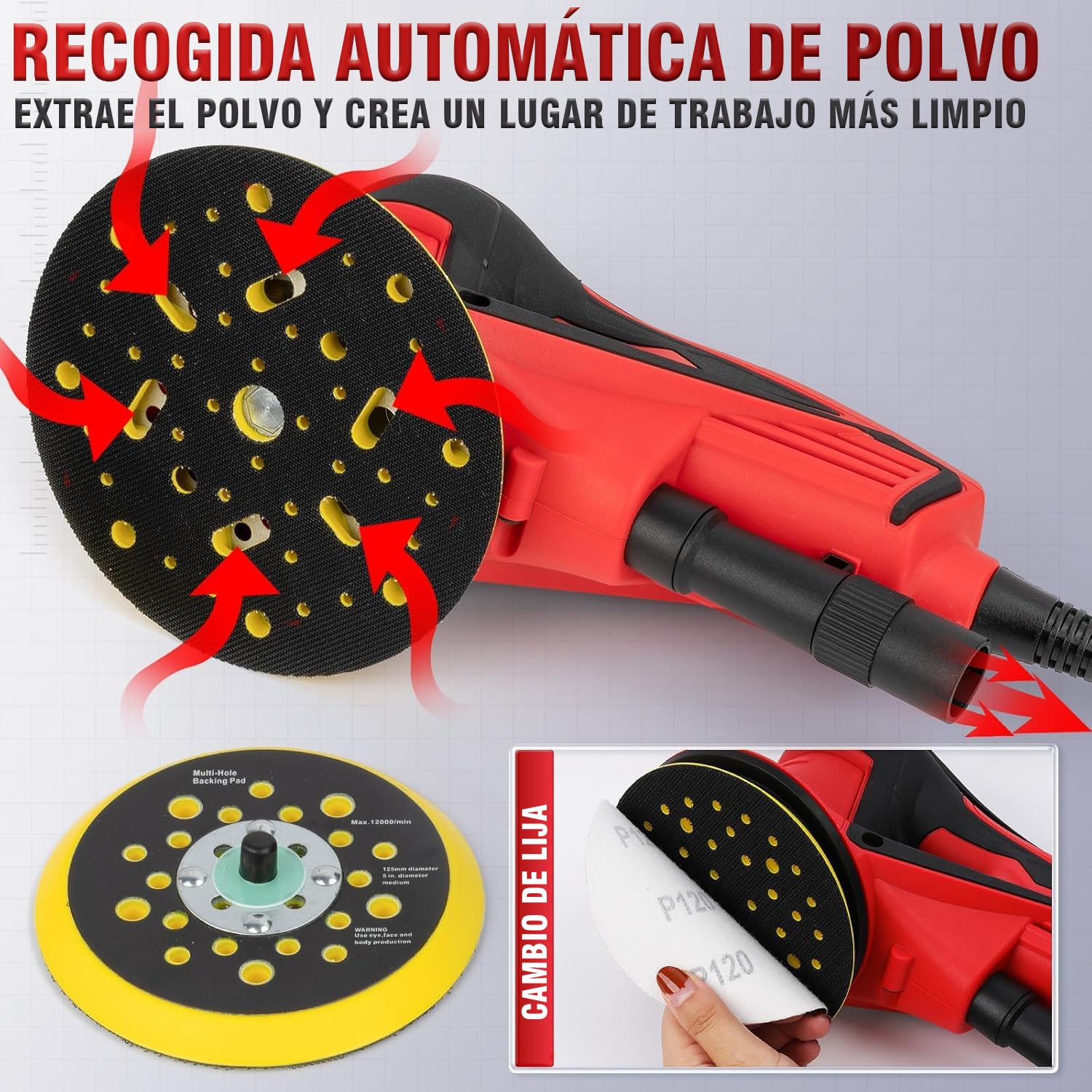 Autolock Lijadora Excentrica disco de 125/150 mm,350W Lijadora Orbital Electrica,7 Velocidades hasta 10,000 RPM,Para trabajar y pulir la madera (1pcs)
