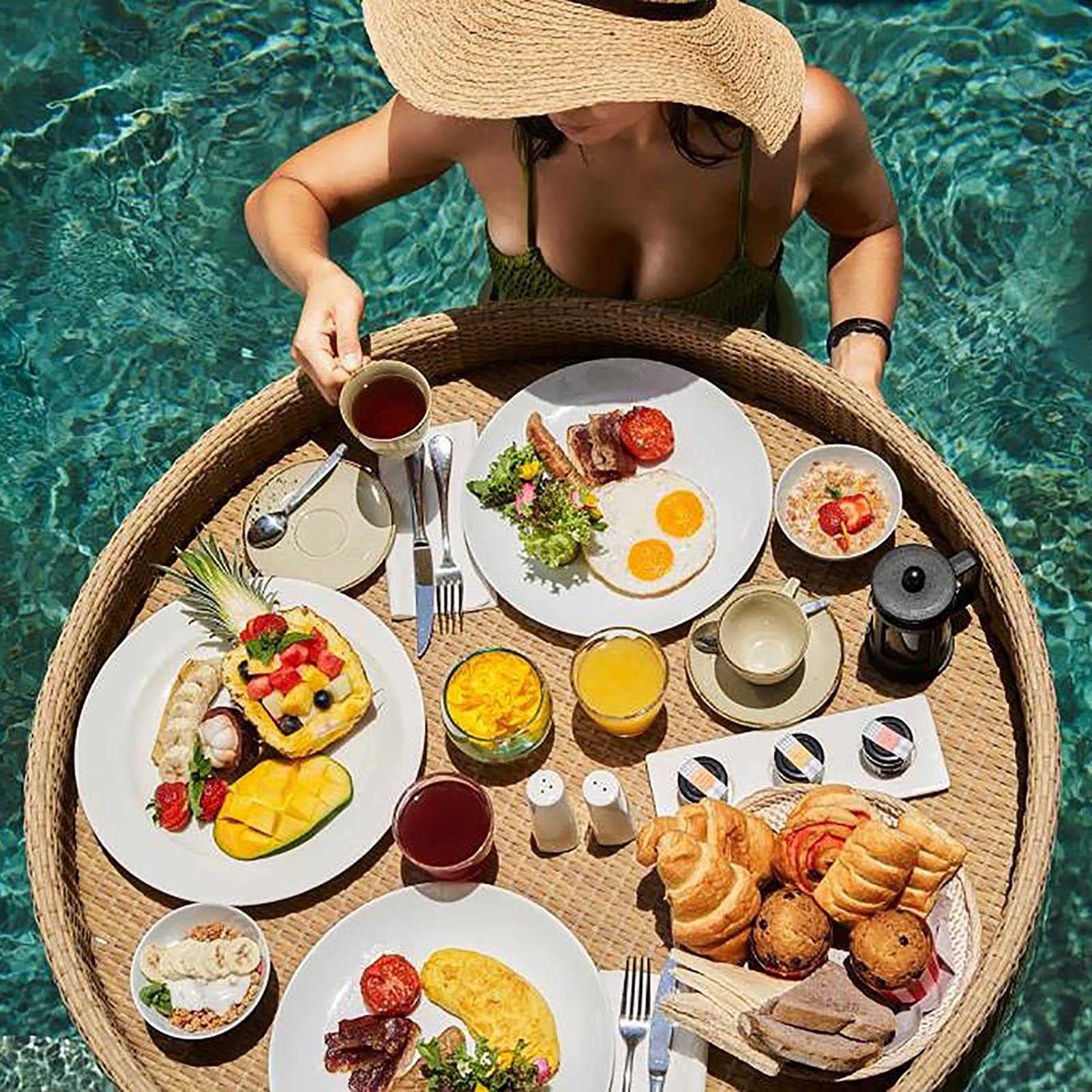 Swimming pool floating bar, Floating Buffet Table Serving Tray with Handles, Floating Serving Tray Table Bar Swimming Pool Floating Tray(Yellow,80CM)