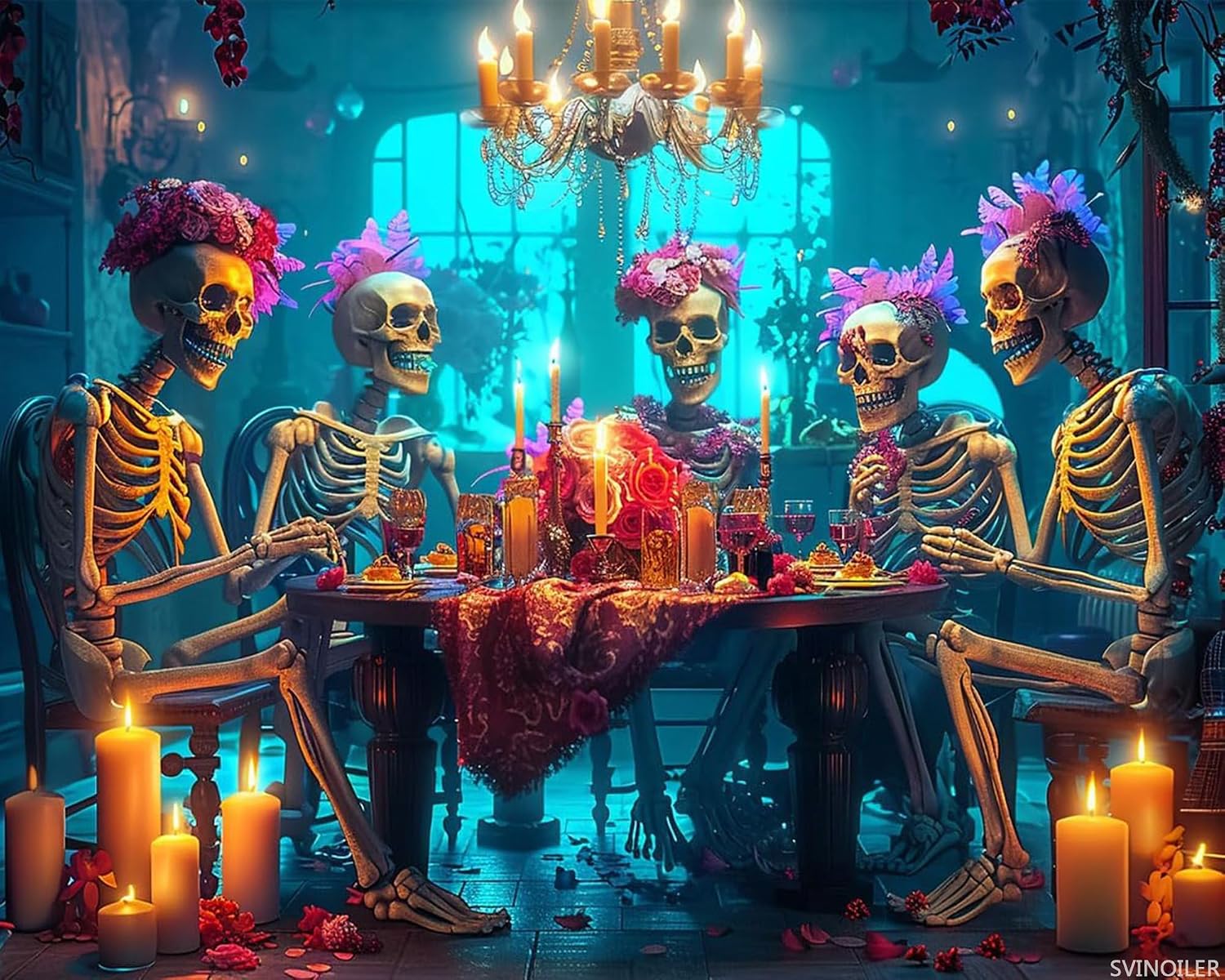 Skeleton Party Paint by Numbers for Adults, Skull with Floral Paint by Number for Adults Beginner, Skeleton Candlelight Dinner Painting by Numbers for Home Wall Decor Without Frame (16x20Inch)