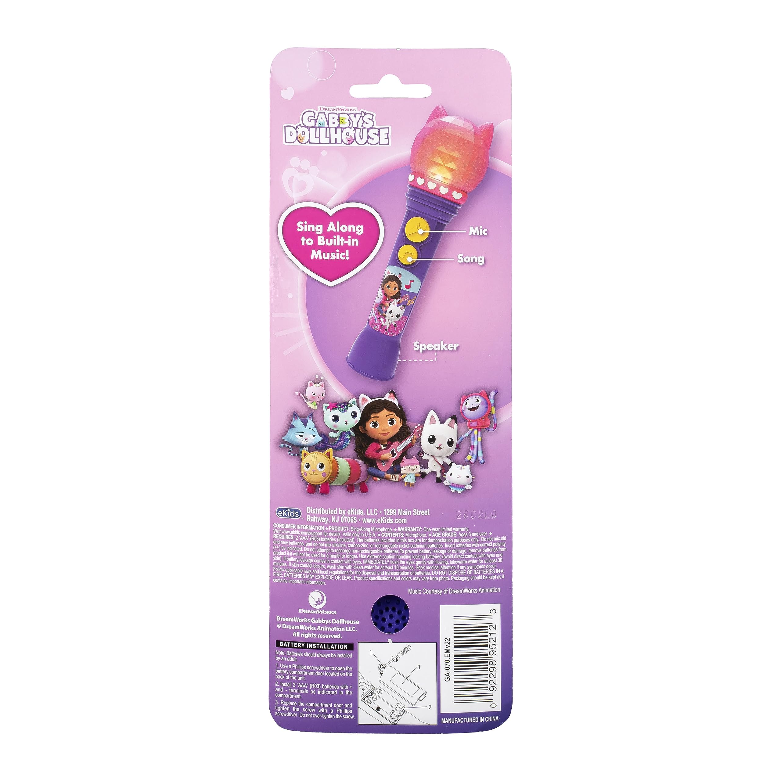 ekids KIDdesigns - Microfono per casa delle bambole di Gabby, per bambini, con microfono funzionante reale, con luce lampeggiante a LED e altoparlante, giocattolo portatile per karaoke