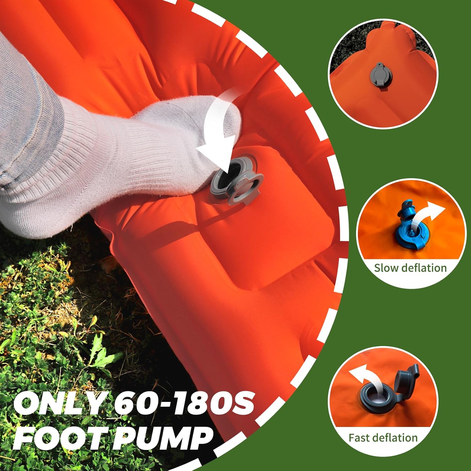 Double Sleeping Pad Self-Inflating, Built-in Foot Pump Extra-Thick Portable Camping Mat for Camping Hiking Travel, Orange