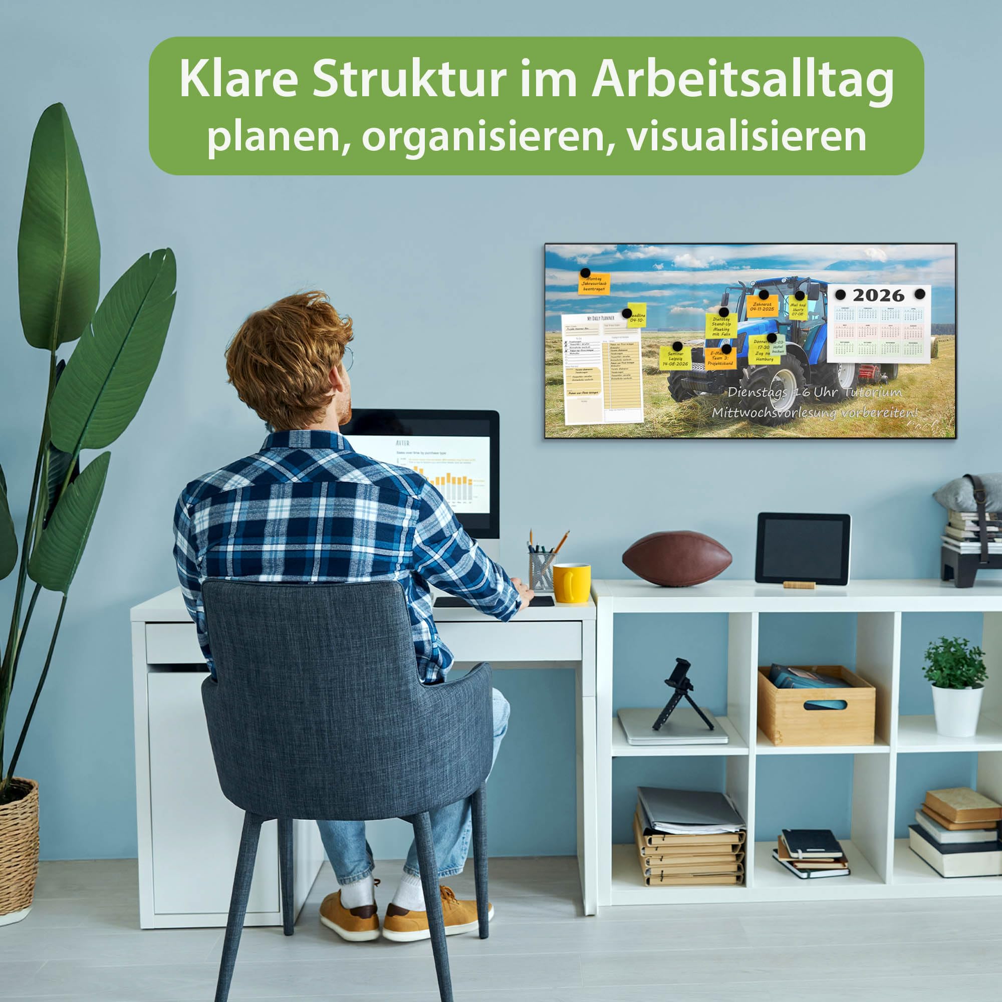 banjado Magnettafel Metall 78 x 37cm - beschreibbare Magnettafel - Metall Pinnwand als Memoboard - Magnetwand Küche, Büro, Kinderzimmer Schwarz inkl. 4 Magnete & Montageset - Motiv Traktor