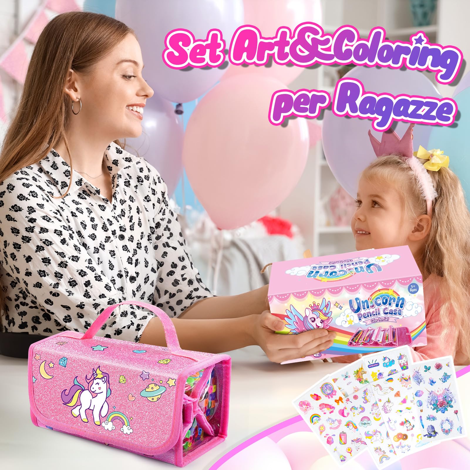 HappyGoLucky Valigetta Colori per Bambini Acquerelli Pastelli Pennarello, Regalo Bambina 3-10 Anni, Kit Disegno Colori per Bambini - Impermeabile e Facile da Pulire - Regali di Natale (Rosa)