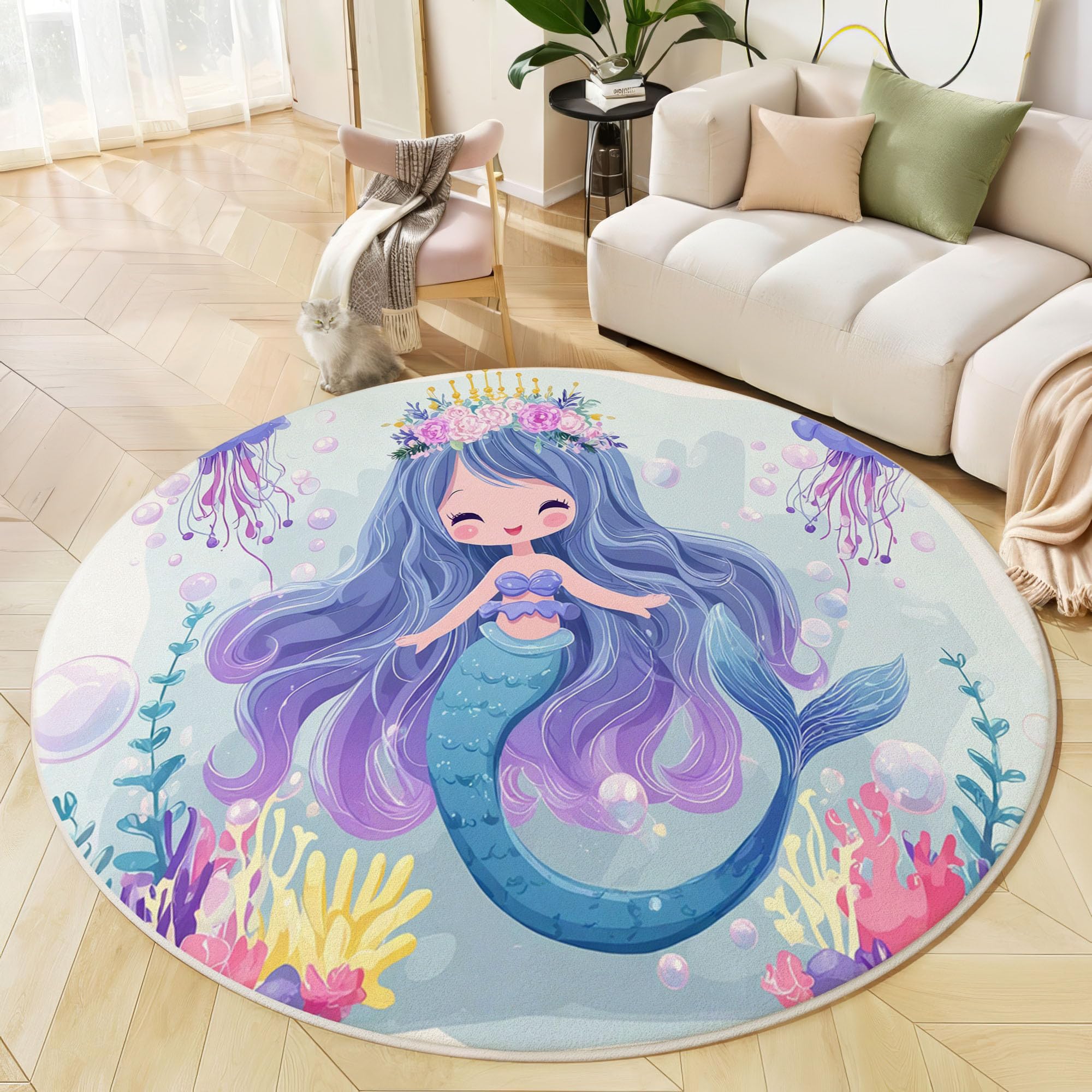 Waschbarer Teppich Rund 120Cm Süße Cartoon-Meerjungfrau-Prinzessin Teppiche Schlafzimmer - Waschbarer Kurzflor-Runder Teppich Mit Rutschfester Unterseite Für Esszimmer & Sund Kinderzimmer Hellblau