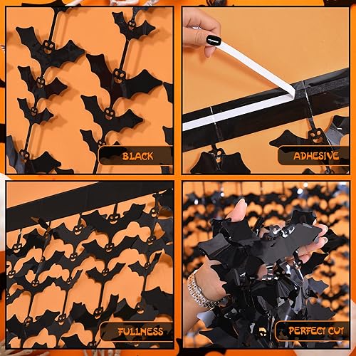 Miniatura 5 de LOLStar Decoración de fiesta de Halloween, paquete de 4 accesorios de cabina de fotos de murciélago negro, cortinas de flecos de aluminio de 3.3 x
