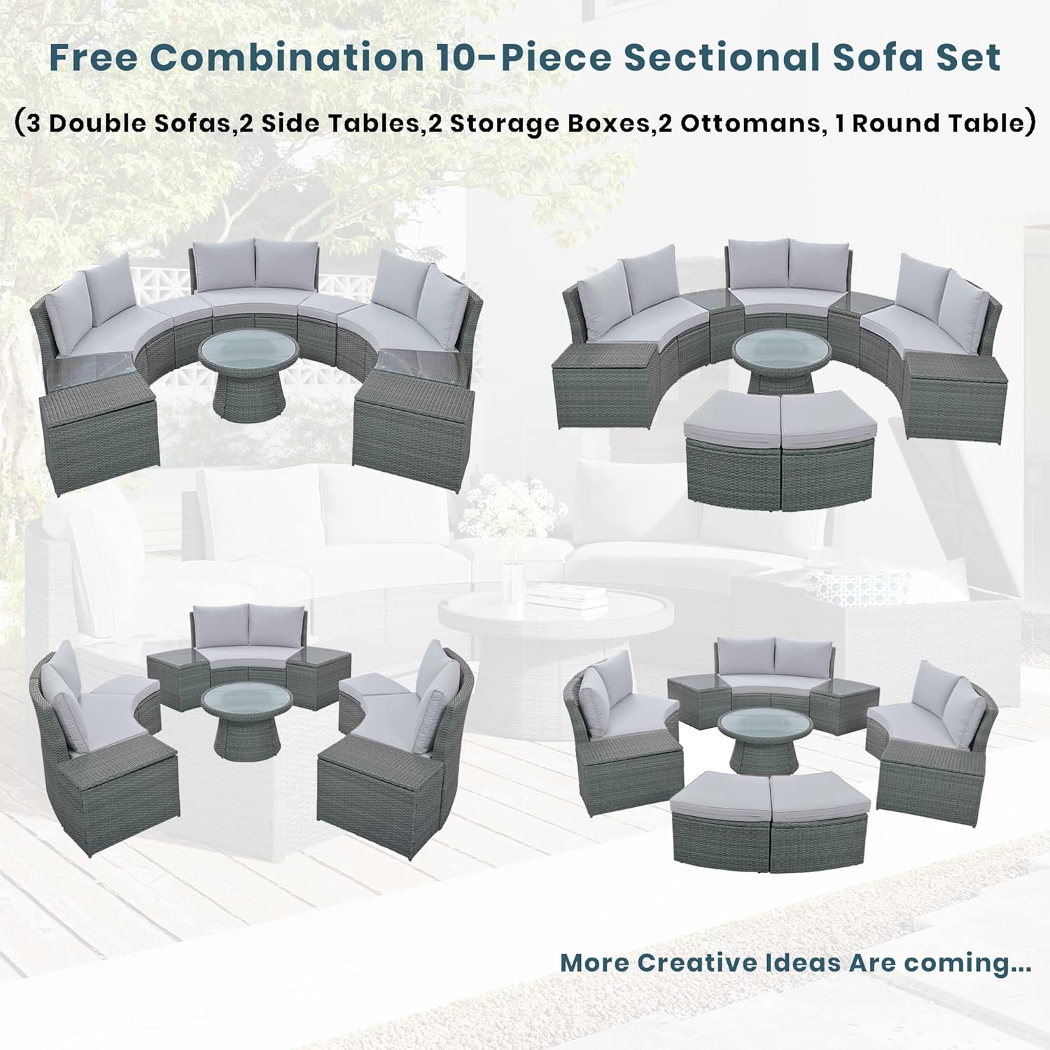 LUMISOL 10-Piece Half Moon Outdoor Sectional Sofa Set Patio Furniture Gray Wicker Sofa Gray Cushions with 4 Side Tables and Coffee Table (Light Gray, 10-Piece)