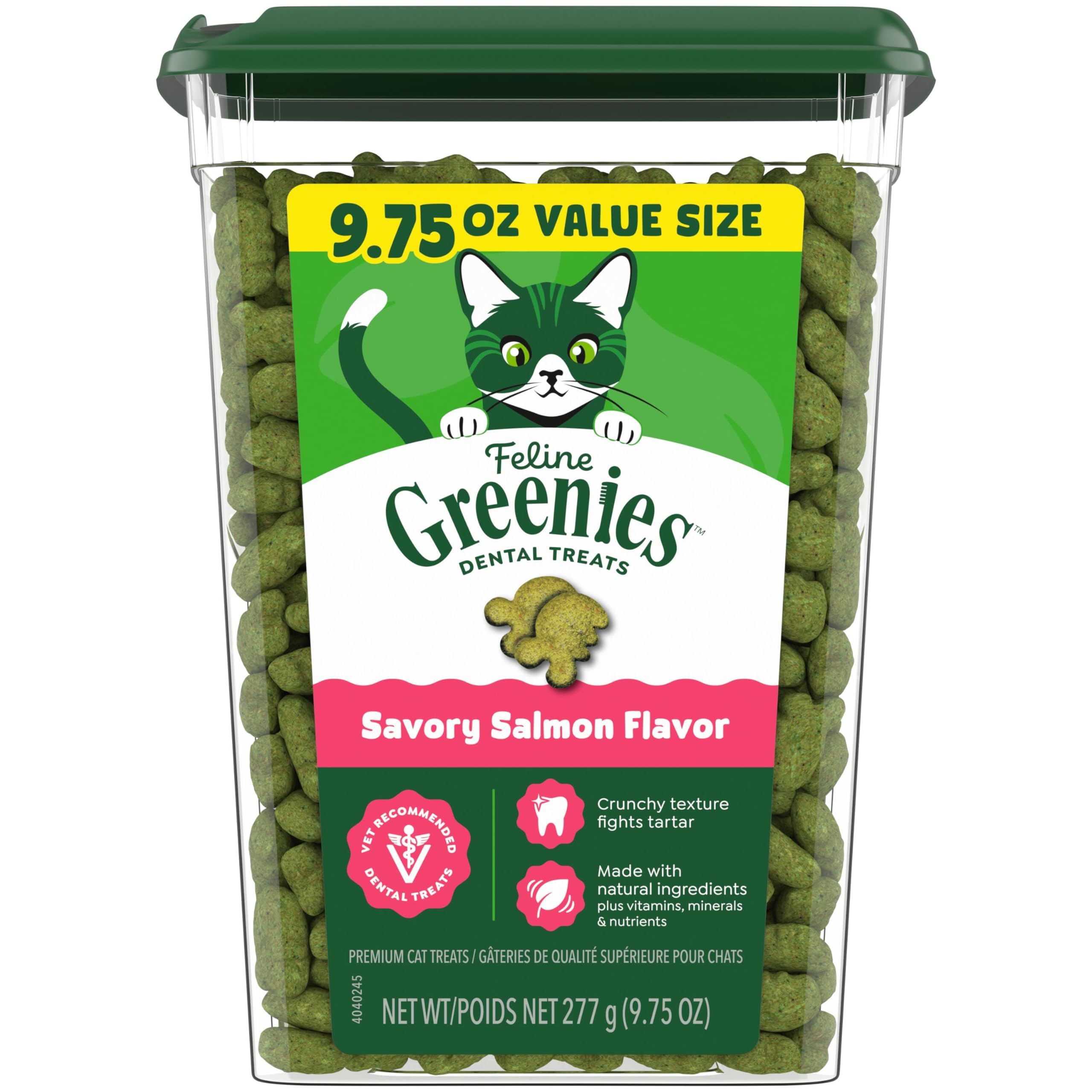 GREENIES Feline Natural Dental Care Salmon Flavour Cat Treats - with Natural Ingredients - for Adult Cats of All Breeds, 227g Tub image 1