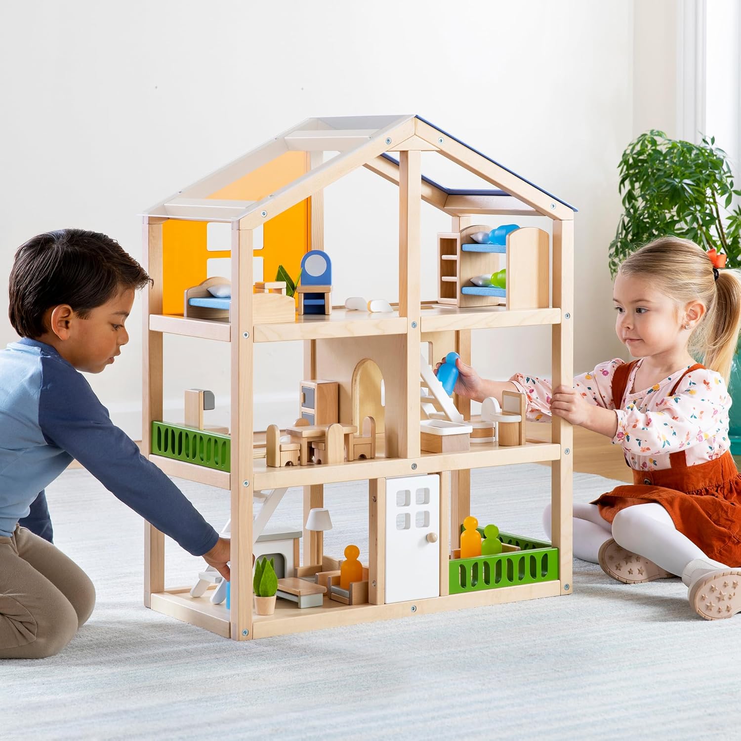 Guidecraft Modern Home Multi-Floor Dollhouse - Kids Educational Toy Play House, Large Scale Pretend Play Dollhouse for Toddlers