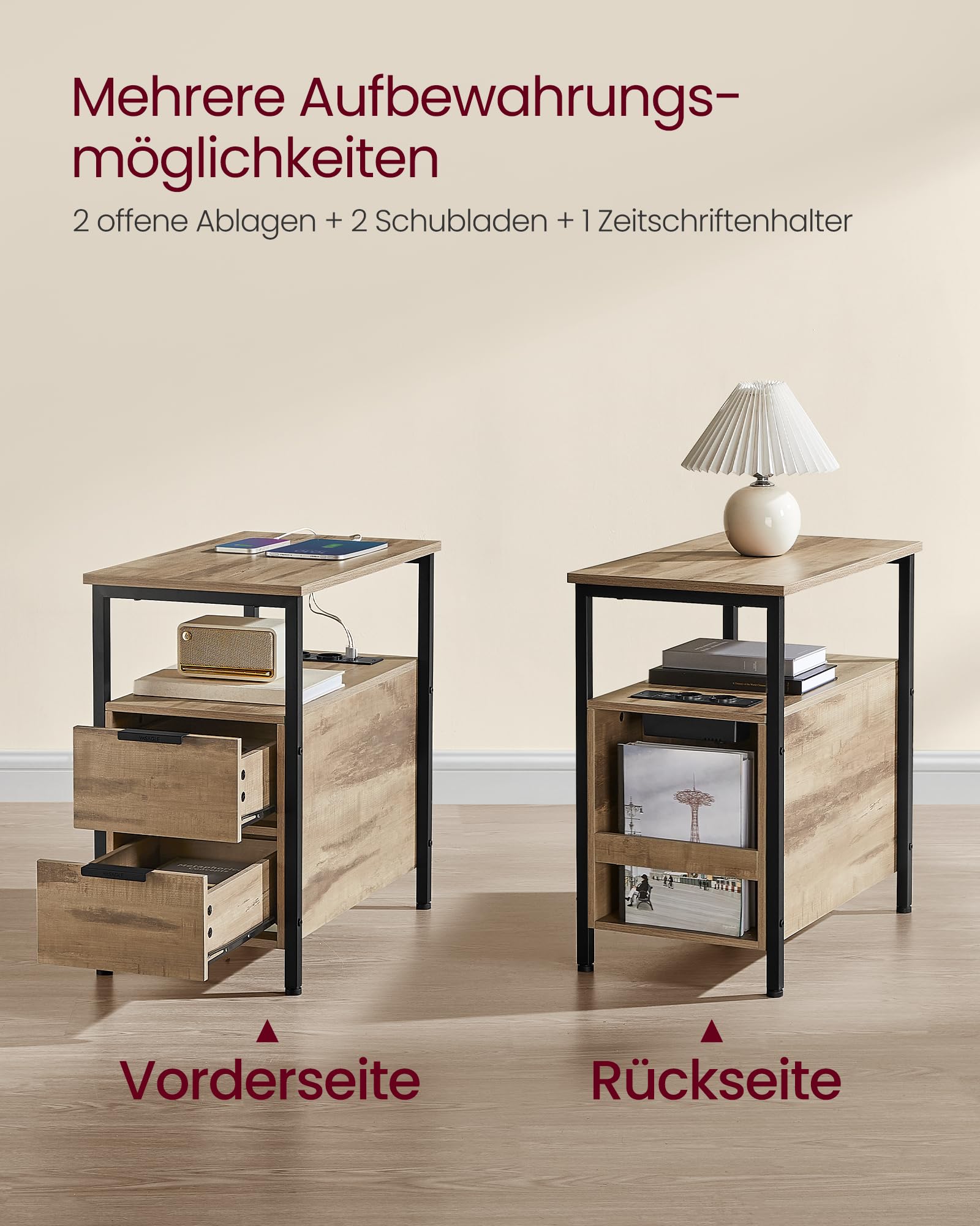 VASAGLE Beistelltisch, Nachttisch mit Steckdosenleiste, 2 Schubladen, Sofatisch, Nachtschrank für Wohnzimmer, Schlafzimmer, Kamelbraun-tintenschwarz LET325K01