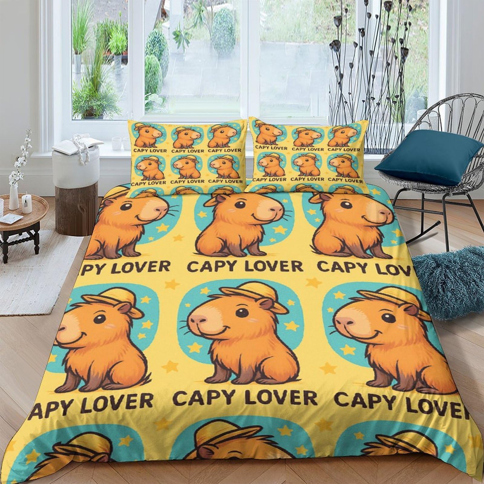 Ctjqhvkz Style-8 3D Printed Capybara Cartoon Fitted Sheet Microfiber Soft Yellow Blue Bed Cover For Bedroom Dorm Mattress Decor Single（135X200cm）