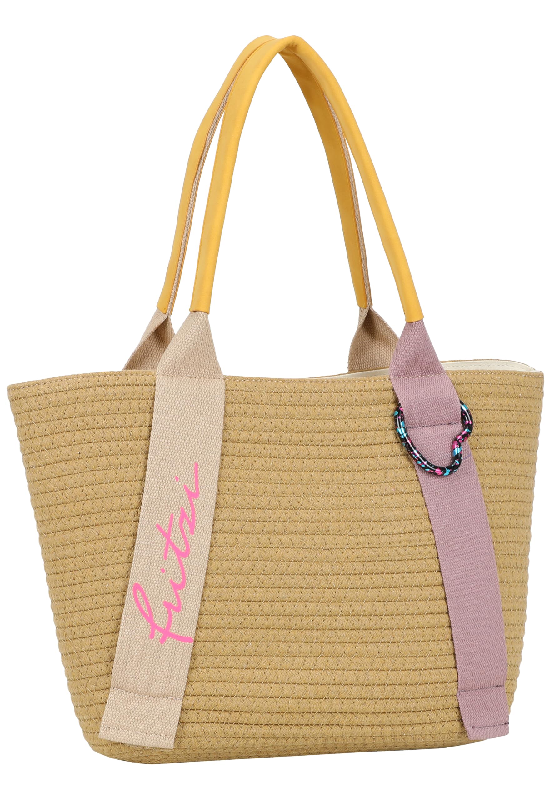 Fritzi Happy Summer Shopper Strohtasche Damen Shopper Handtasche Festival Beach vegan Stroh-Optik Herzkarabiner 25 x 37 x 11,5 cm – Beige-Blue, Pink, Mint, Orange