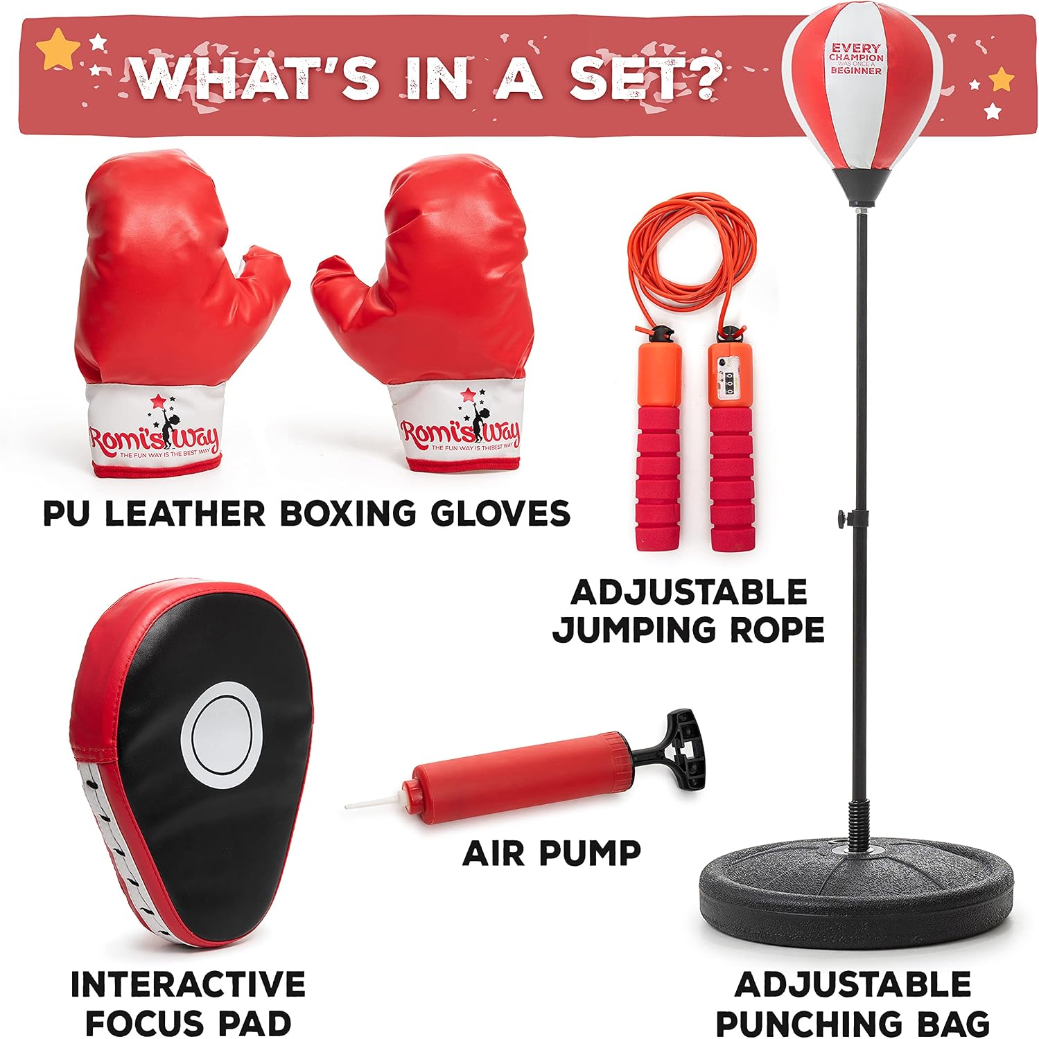 Romi's Way Punching Bag for Kids with Adjustable Stand - Boxing Equipment Set with Kid boxing Gloves, Jump Rope, Interactive Focus Pad, Air Pump- Birthday Sports Gifts for Age 3-8 Year Old Boys &Girls