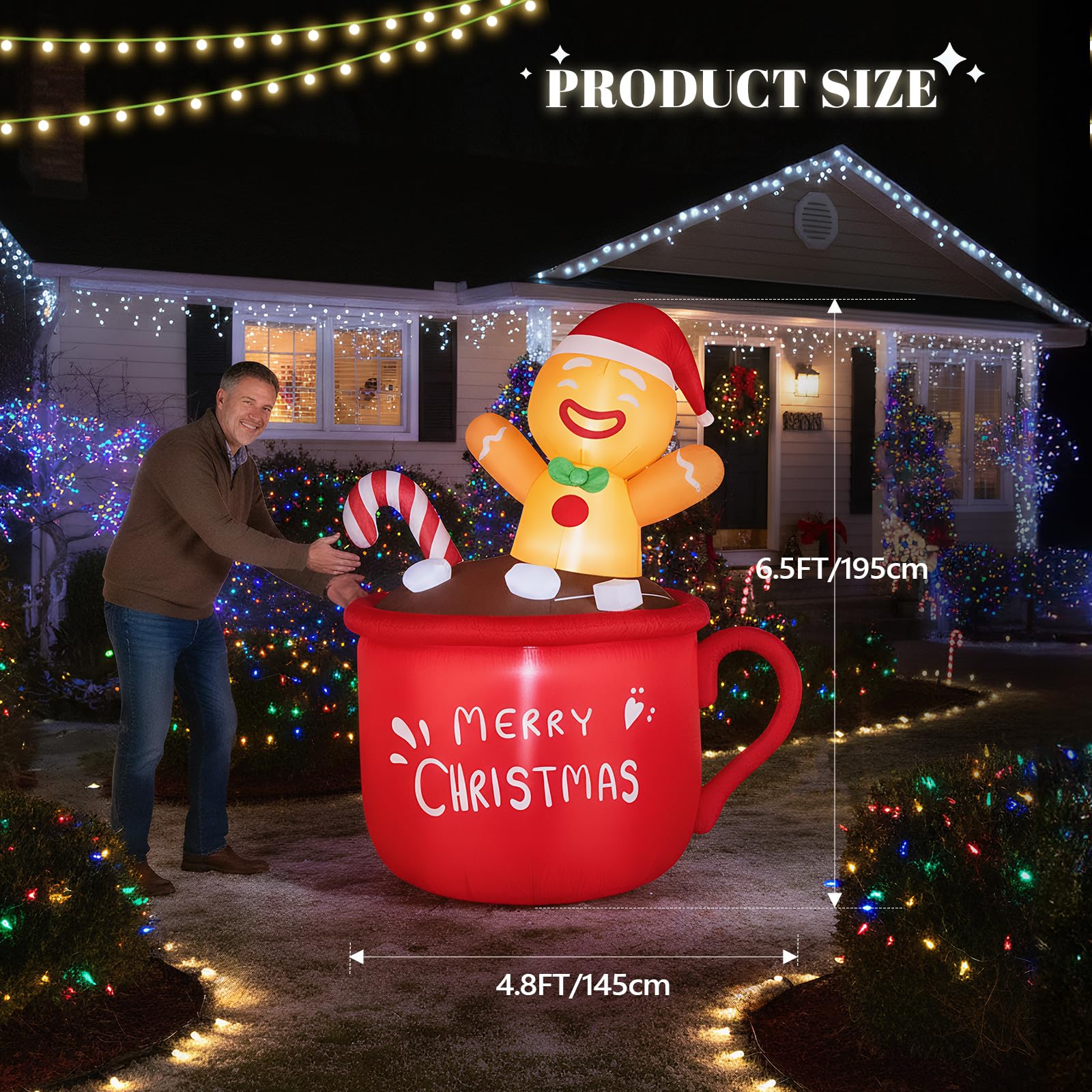 VINGLI Décoration de Noël Gonflable de 1,95 m, Adorable Bonhomme en Pain d'épice se Prélassant dans Une Tasse de Chocolat Chaud, Idéale pour Les Jardins, Pelouses, Fêtes