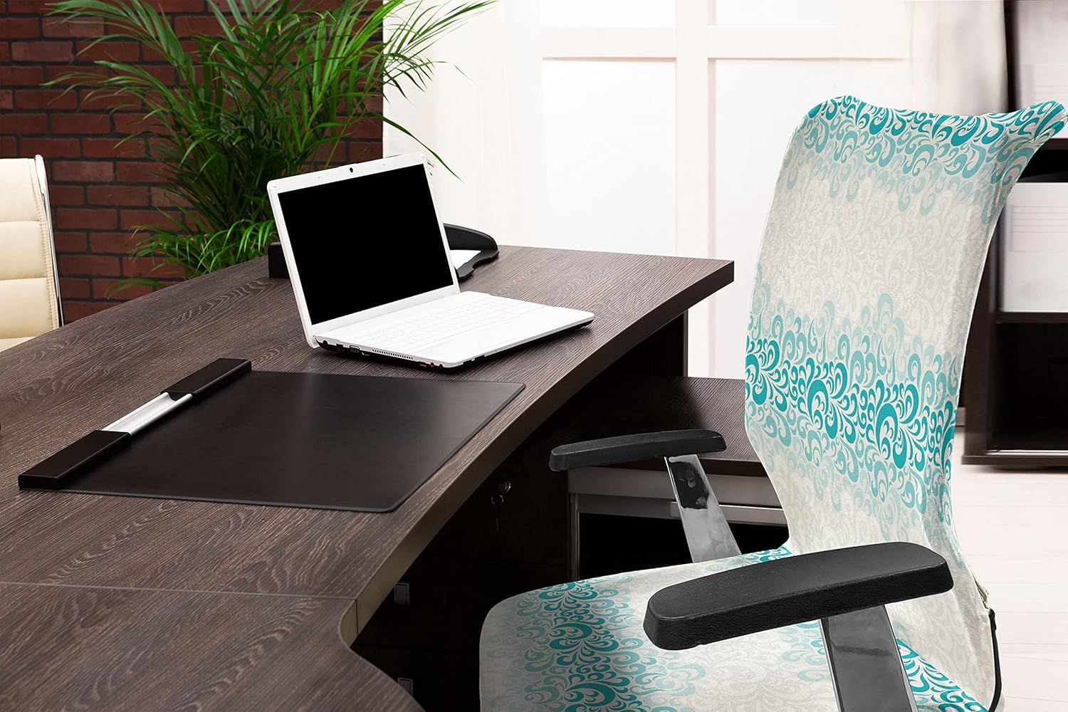 Ambesonne Turquoise Office Chair Cover, Abstract Floral Flowers Pattern Classic Design Illustration, Stretchable Decorative Universal Size High Back Printed Slipcover, Teal Turquoise Whit