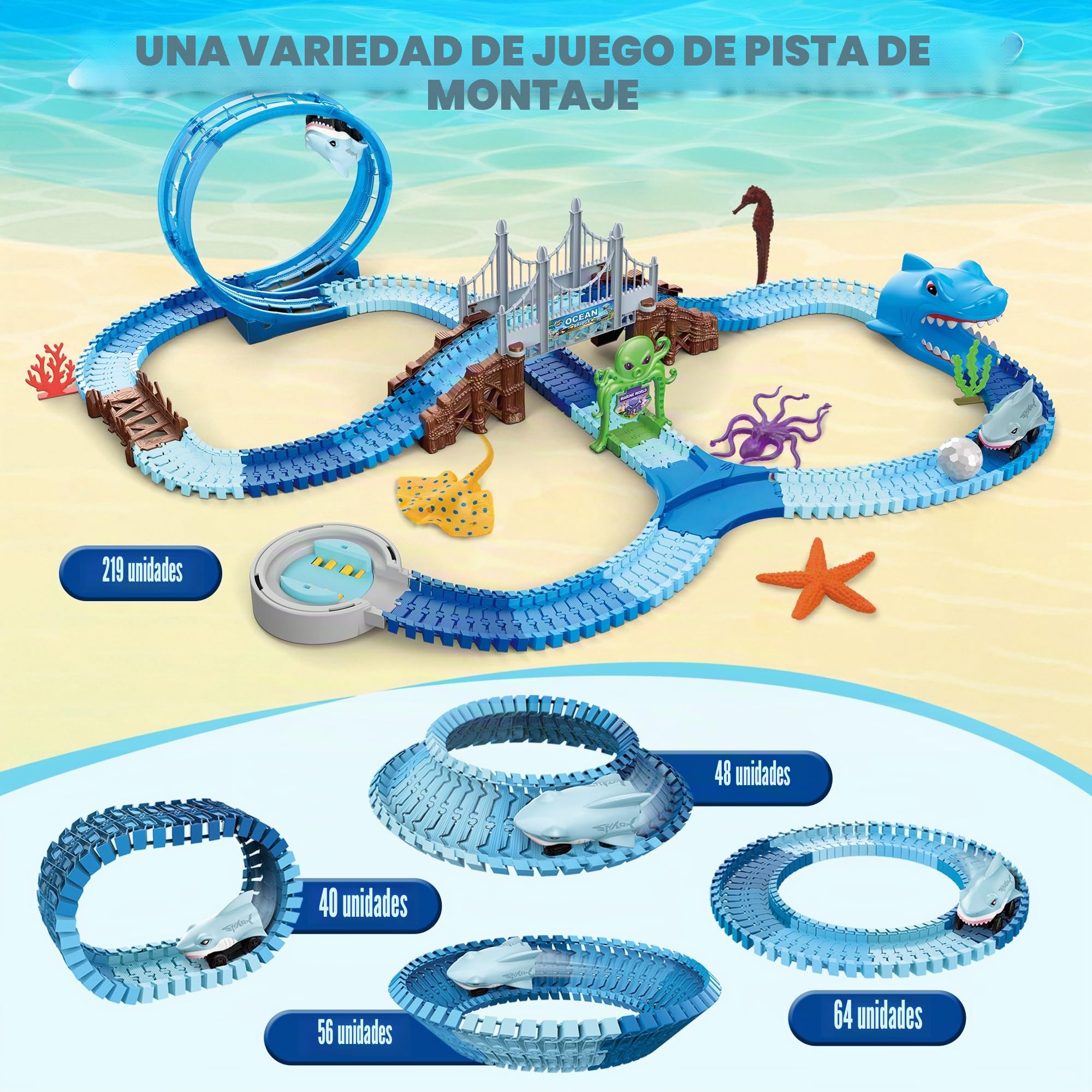 VATOS Shark Track Toys - Juego de pistas de carreras flexibles de 219 piezas con bucles de 360°, auto eléctrico de tiburón y rotación automática, crea una carrera de carretera temática de tiburón