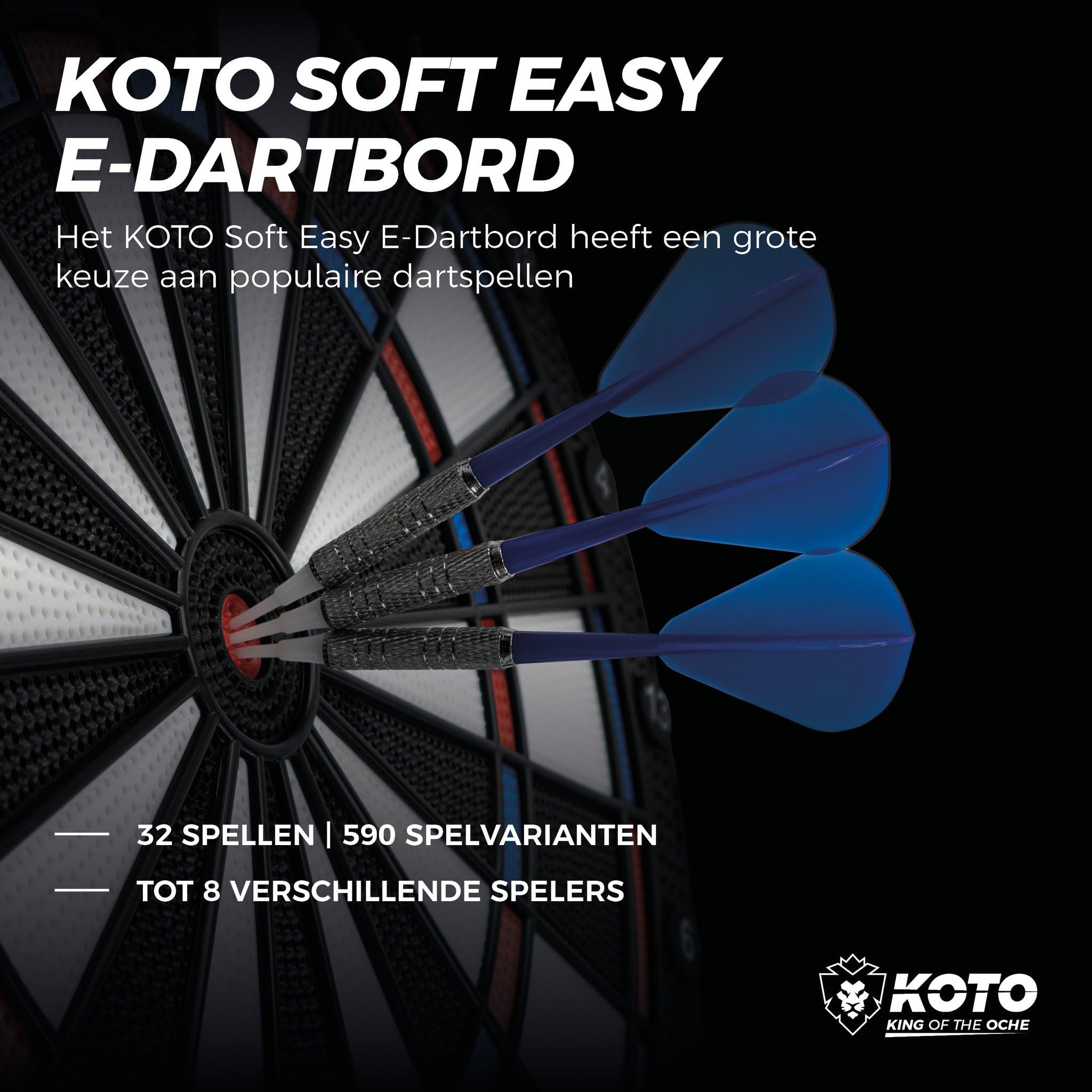 KOTO – Bersaglio Elettronico Soft Easy (39x2x44,5 cm), 6 Freccette Soft, 32 Giochi, Oltre 590 Varianti, Compatto e Moderno