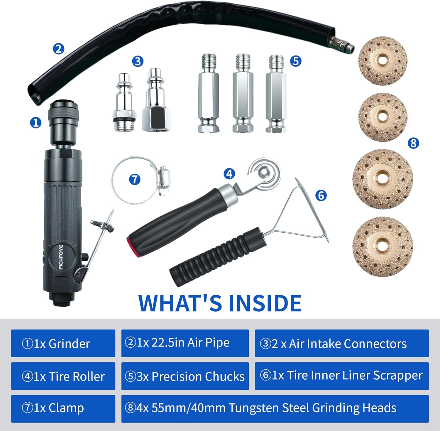 Air Tire Repair Polish Patch Tools, Pneumatic Buffing Tool with 2500rpm Low Speed Air Tire Buffer, Tire Inner Liner Scraper, Patch Roller, Tungsten Steel Buffing Wheel