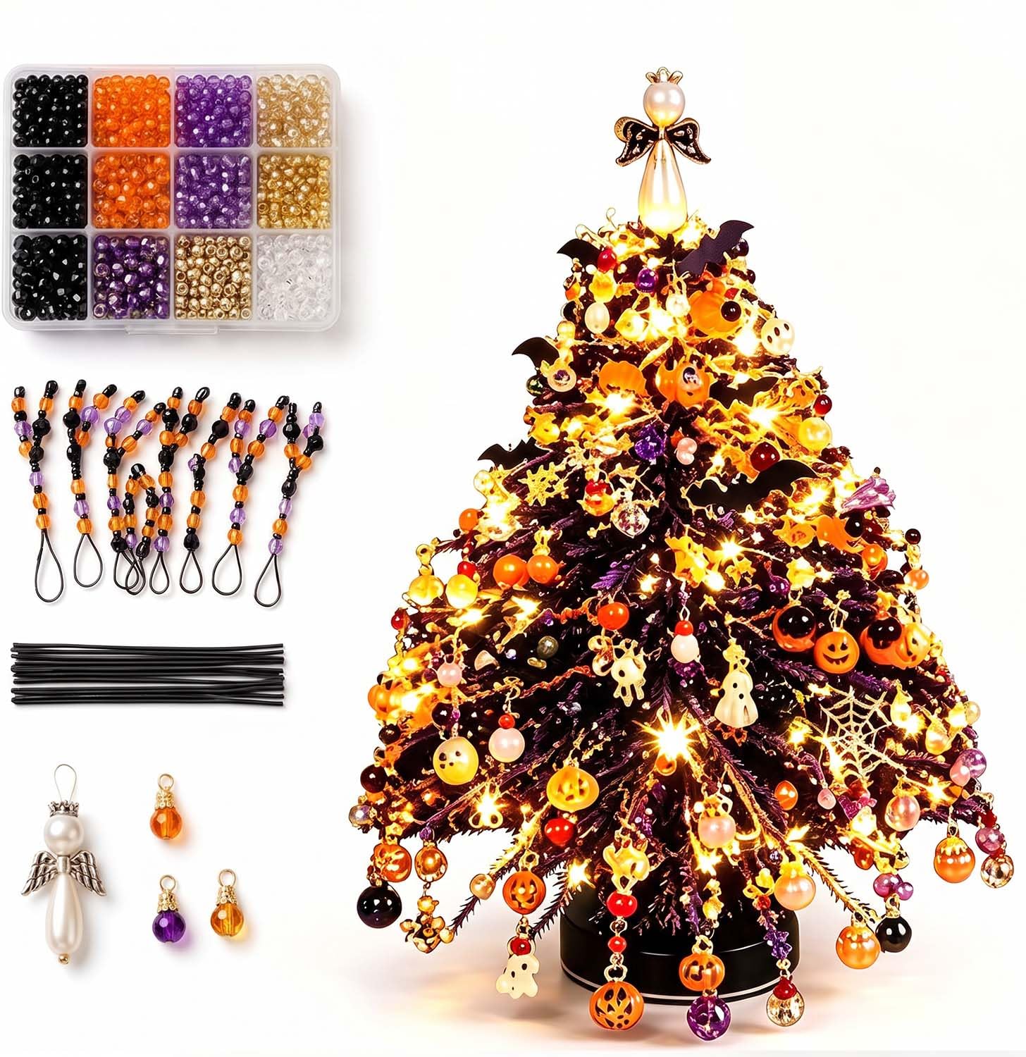 DIY Beaded Christmas Tree Kit with LED Lights, Mini Handmade Xmas Craft Set with Colorful Beads & Glowing Ornaments, Battery Operated Holiday Desktop Decor 20cm (D)