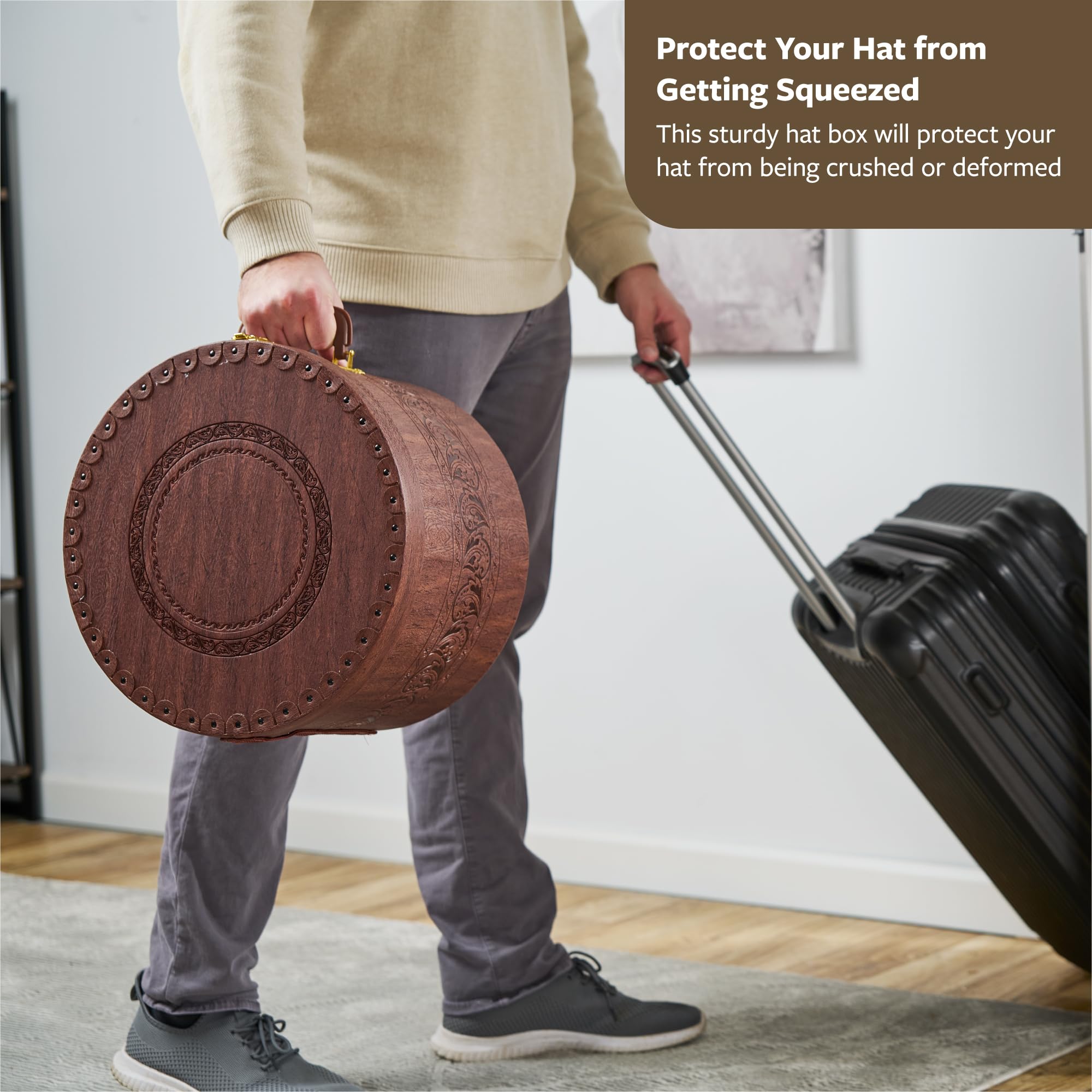 Hat box with carrying string - Large -‎ 21in (wide) x 9in (tall) Cowboy Hat Box Travel Hat Case For Panama & Fedora Hat – Foeran main image 2