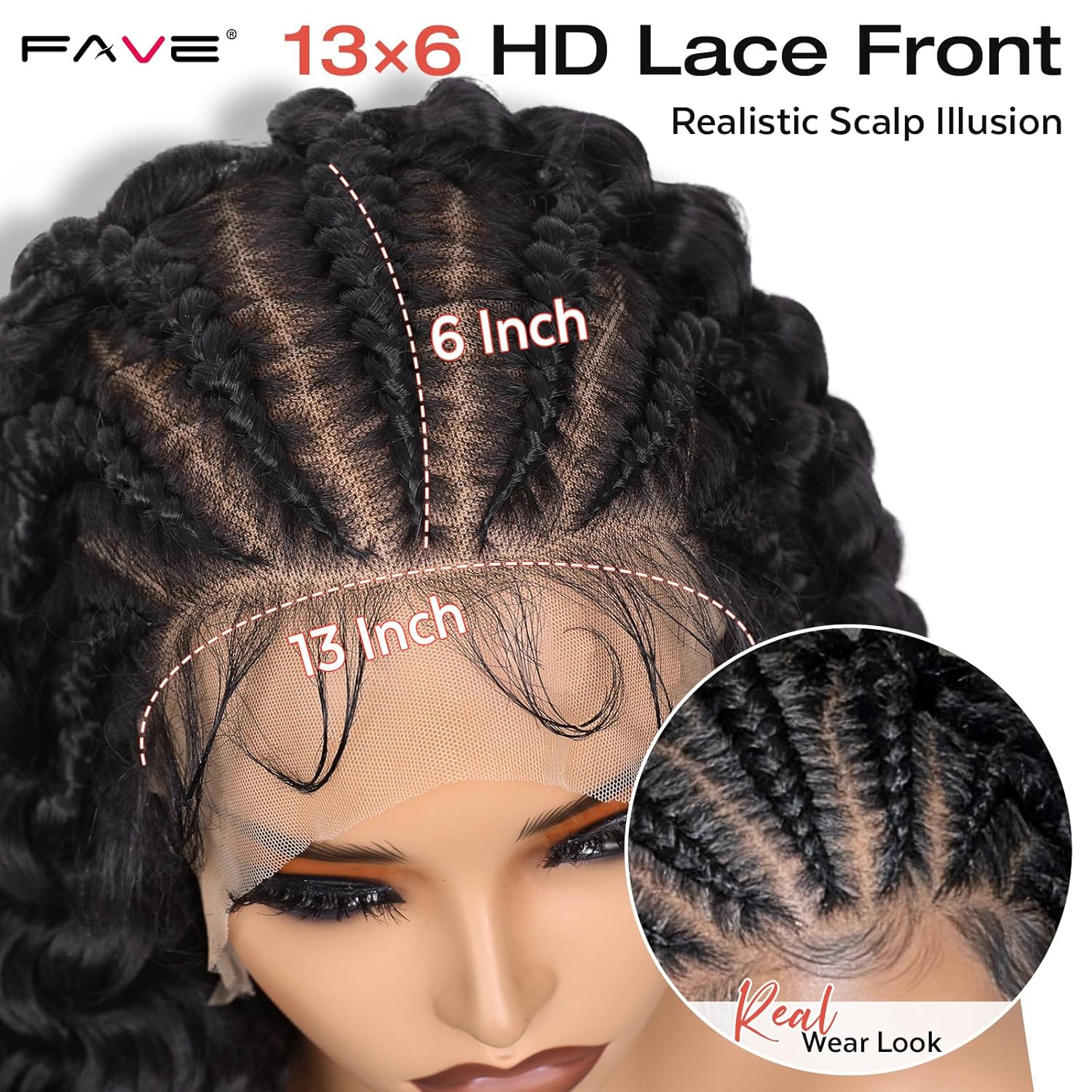 FAVE 13×6 Lace Front Wig Glueless Braided Wigs with Curly Hair 22 Inch Cornrow Braided Wigs for Black Women Synthetic Curly Wigs With Natural Baby Hair Knotless Braided Wigs for Daily Use 1B