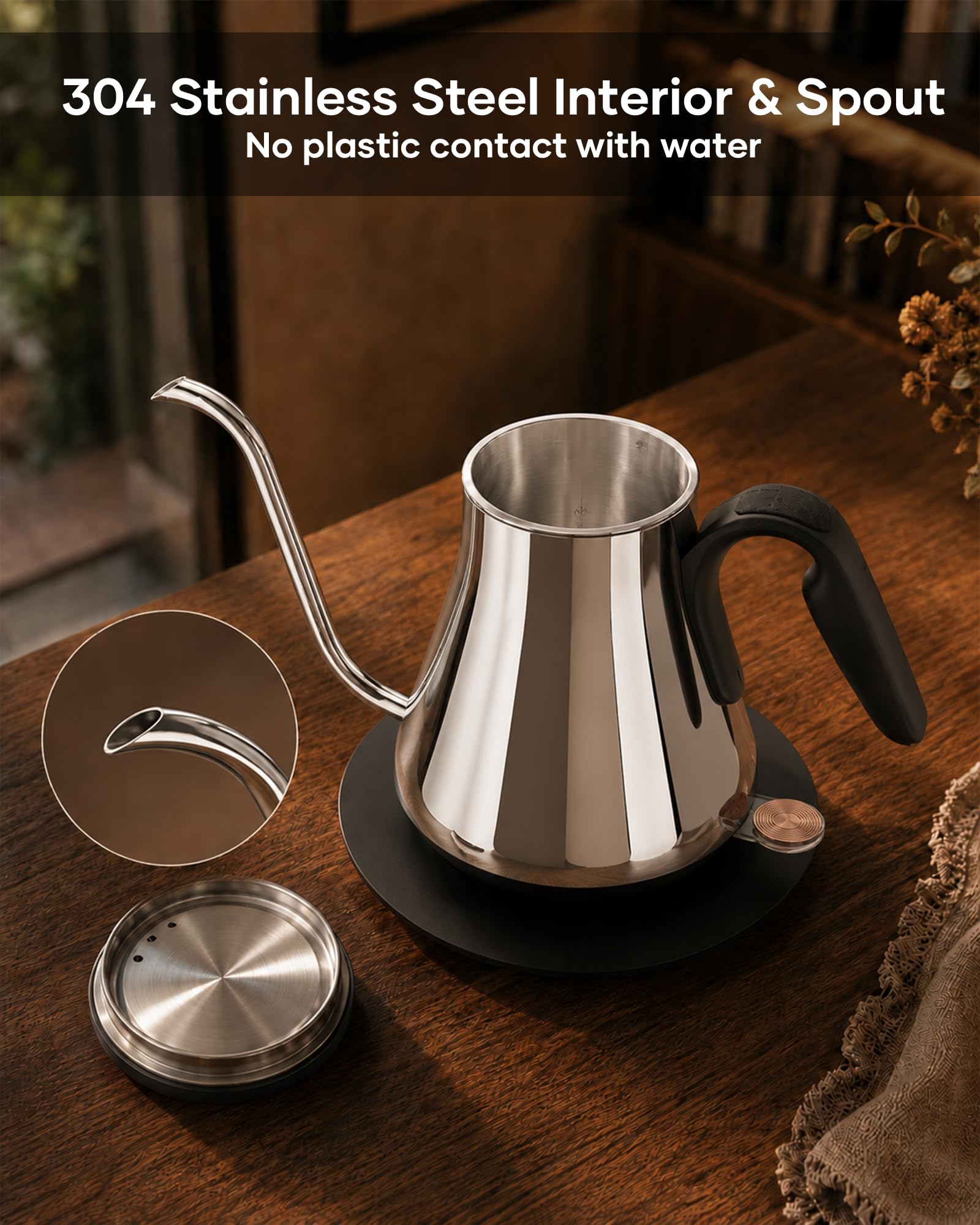 Cocinare Hervidor eléctrico de cuello de cisne de 0,8 l, 1440 W, boquilla de flujo de precisión de ebullición rápida para verter café y té, interior de acero inoxidable 304 sin BPA, apagado automático