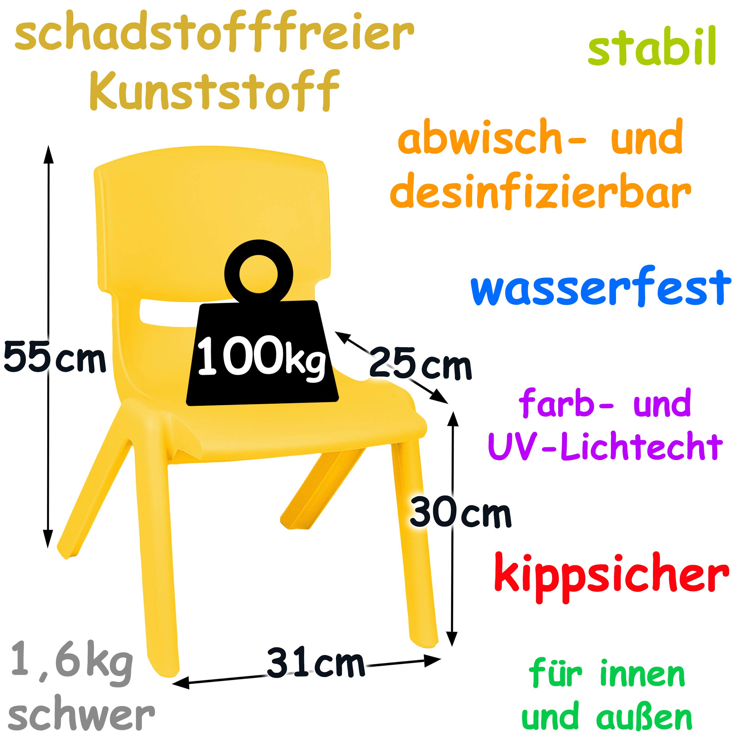 alles-meine.de GmbH Kinderstuhl/Stuhl - Farbwahl - gelb - Plastik - bis 100 kg belastbar/kippsicher - für INNEN & AUßEN - 0-99 Jahre - stapelbar - Garten - Kindermöbel für ..