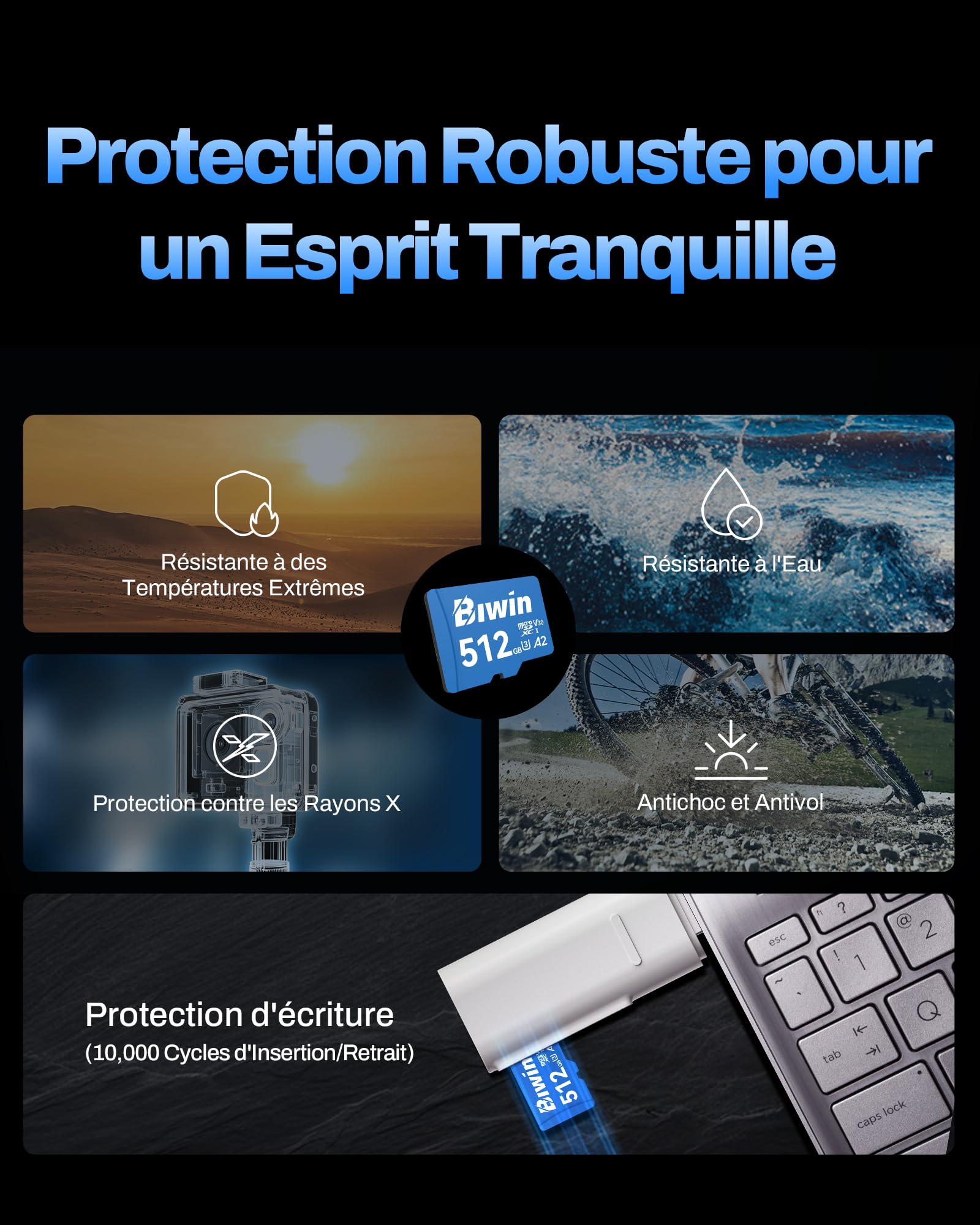 Carte Micro SDXC Biwin MS210, 512 Go, jusqu'à 210 Mo/s, UHS-I V30 4K UHD A2 U3. Compatible avec appareils Photo numériques, Smartphones, caméras d'action et Drones.