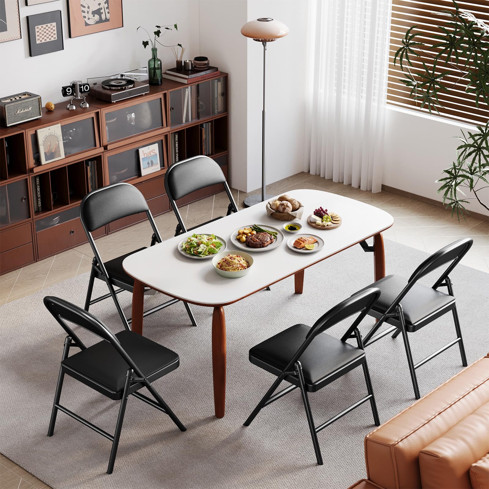 RUIE Chaises Pliantes Lot de 6 Cuir PU, Chaise Métal Rembourrée, Chaises pour Cuisine Bureau Camping Balcon Jardin Salle à Manger, Chaise Pliante Exterieur, jusqu'à 158Kg, Noir