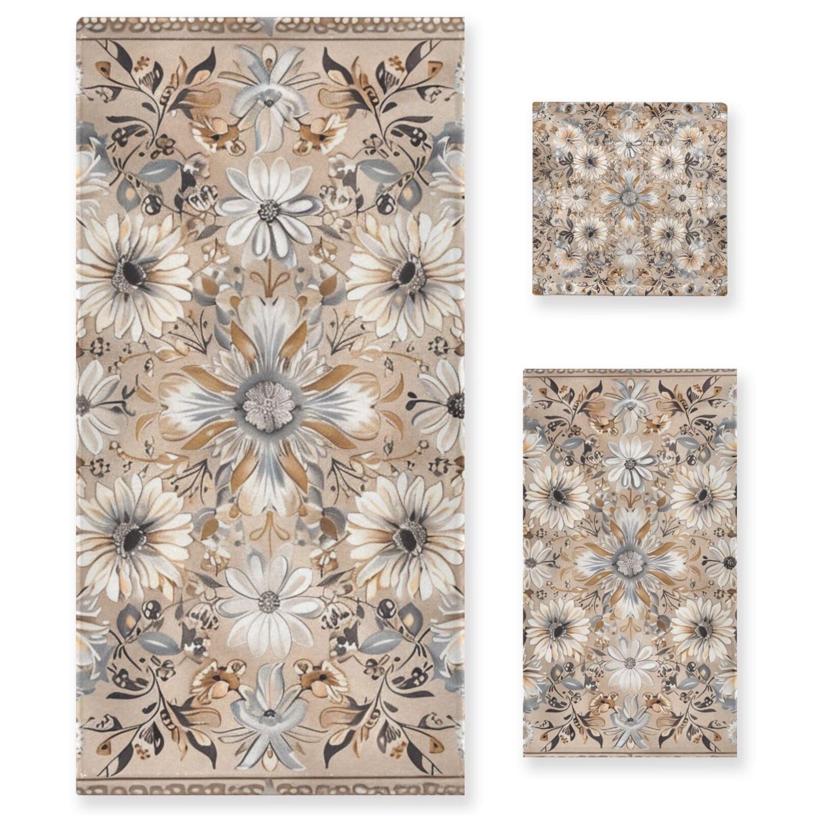 3-teiliges Retro-Duschtuch-Set im Boho-Stil, Blumenmuster, Braun, 1 Badetuch, 1 Handtuch, 1 Waschlappen für Badezimmer und Küche