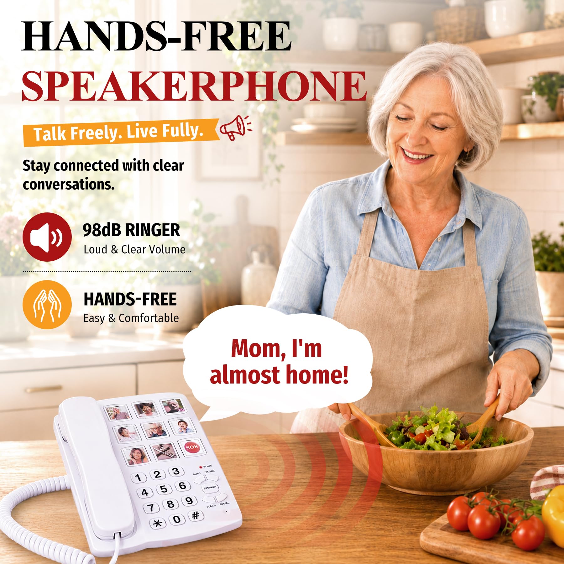 Uvital Teléfonos fijos con cable para ancianos, teléfono de botón grande para el hogar/hotel/oficina, teléfono de escritorio con marcación rápida de un solo toque, manos libres, control de volumen y