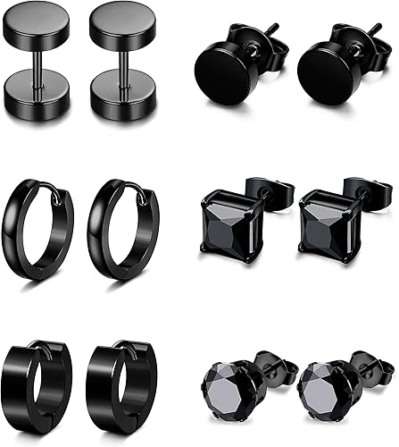 Jstyle 6 Pairs Stainless Steel CZ Stud Earrings for Women Mens Huggie Hoop Earrings Ear Piercing