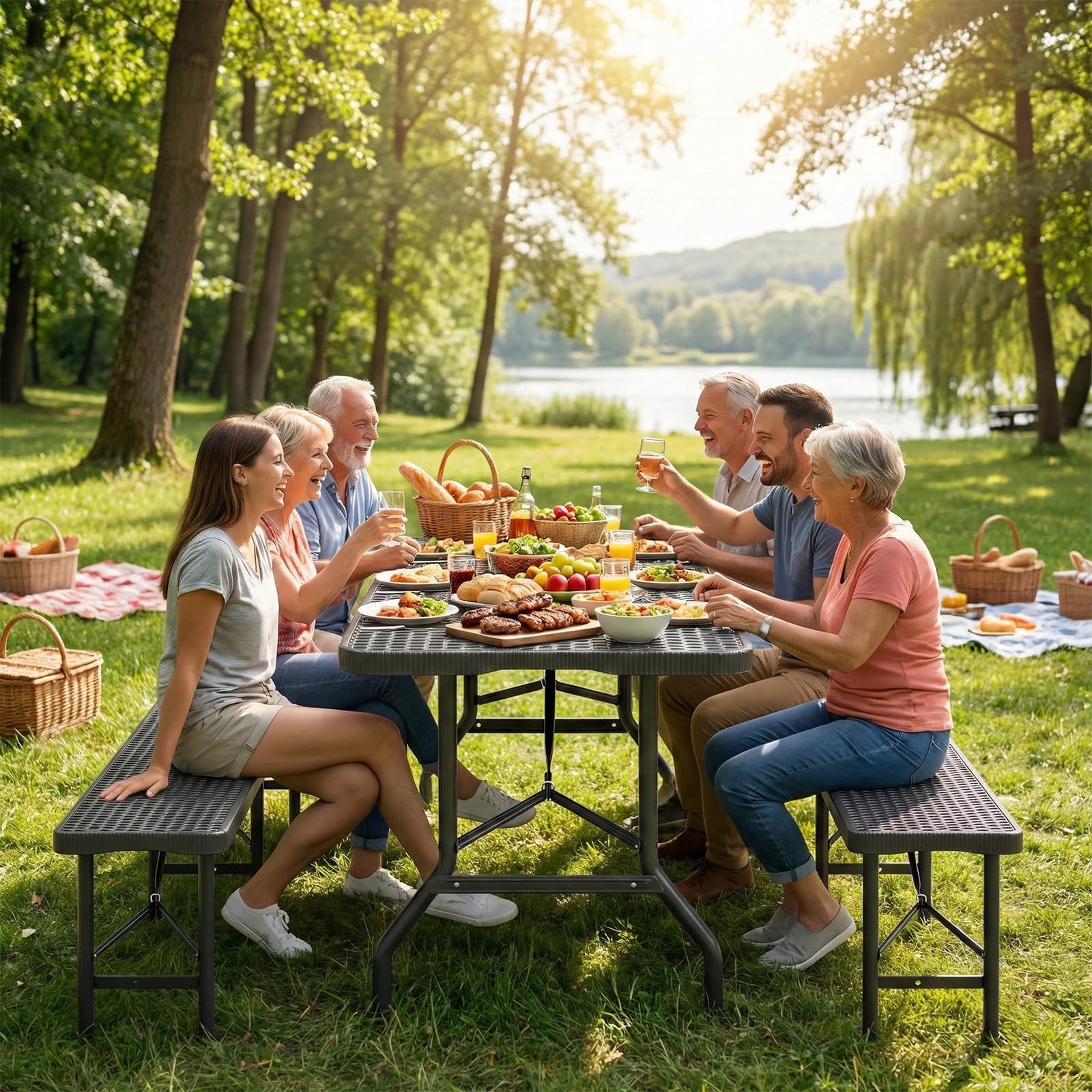 JUMMICO Tavolo Giardino e Sedie da Esterno Set Pieghevole Effetto Rattan HDPE 300kg