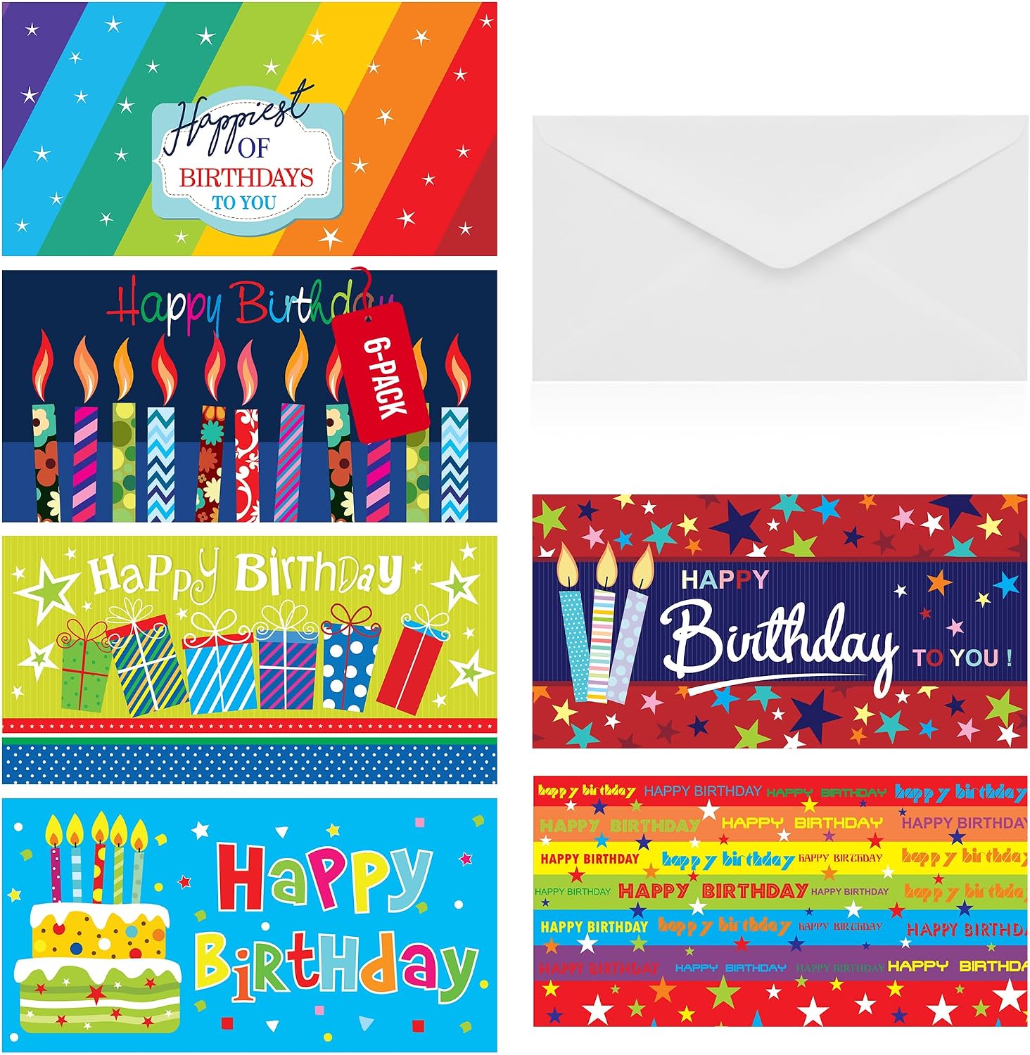 Iconikal 24-Pack Gift Card Money Holders with Envelopes 6 Happy Birthday Designs 6.75x3.25-Inch Trifold Cash Check Holder Party Favors Bulk Pack