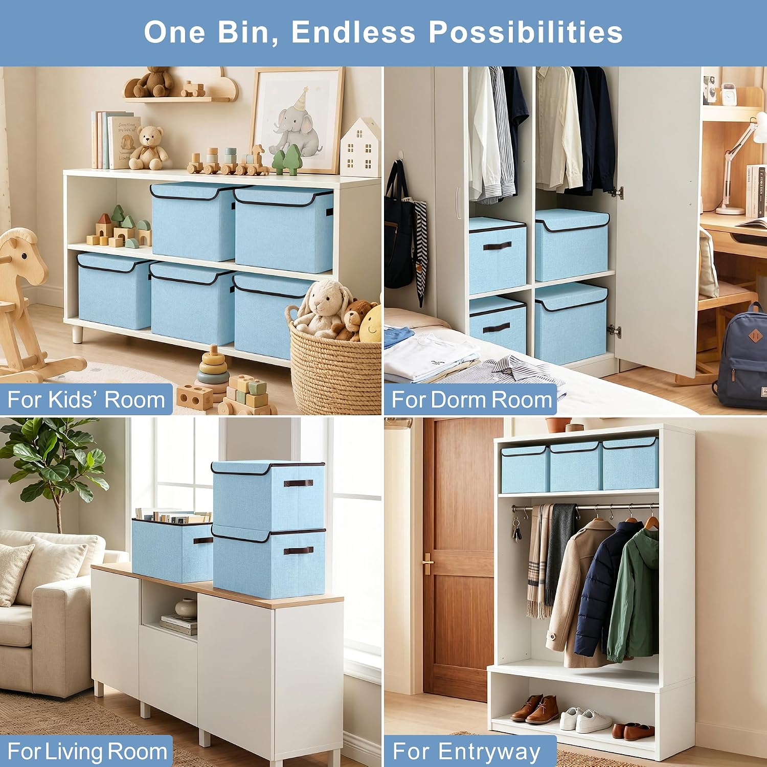 Bagnizer Foldable Storage Bins with Lids, Decorative Storage Baskets, Large Storage Boxes for Home, Office, Bedroom, Closet, Blue, Medium, 4 Pack 14.6 x 9.5 x 9.5” image 4