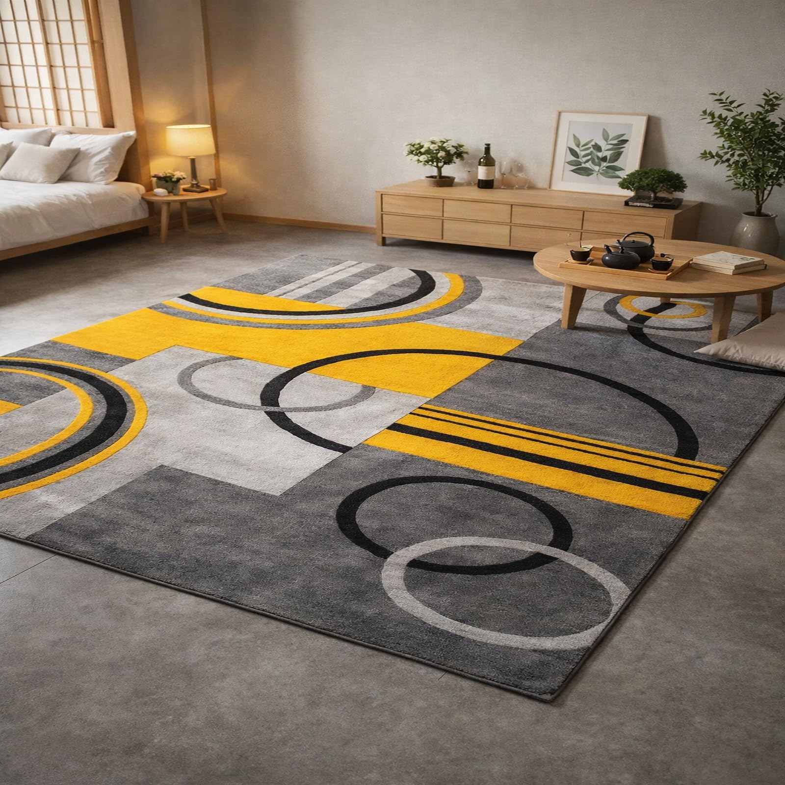 Tapis de salon jaune antidérapant grand tapis géométrique 180x230