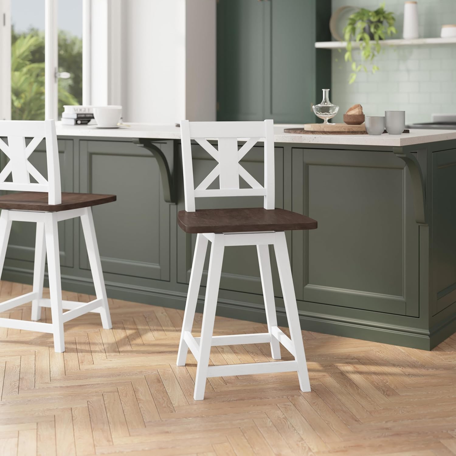 Flash Furniture Gwendolyn Commercial Modern Farmhouse Barstool - Antique White Wash Frame - Gray Wash Seat - Counter Height - 360° Swivel Seat - Integrated Footrest