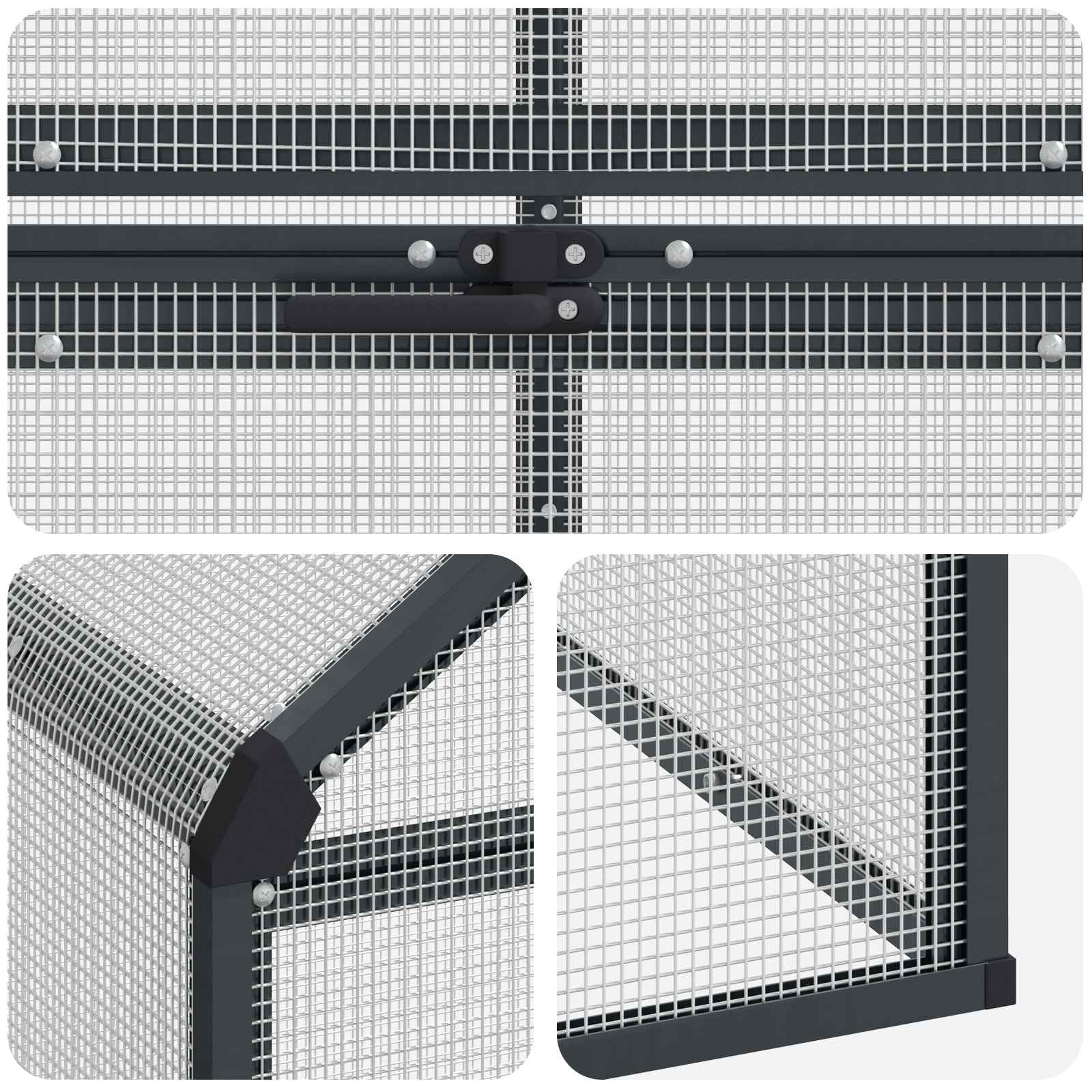 Vogelkäfig Anthrazit 181,5 x 110,5 x 173,5 cm wetterfester Außenkäfig mit Schloss, Fenster, Ständer und Sitzstangen für Papageien, Wellensittiche, Kanarienvögel und Zebrafinken