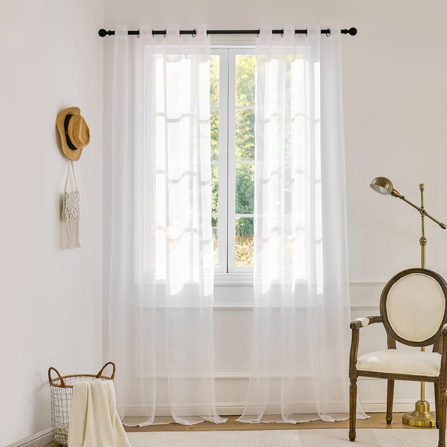 Foil Stripe White Sheer Curtains 104 inches Length 2 Panels with Grommets 52 inches Widith, Semi Transparant Curtains for Living Room and Multiple Rooms, Light Filtering Window Treatment