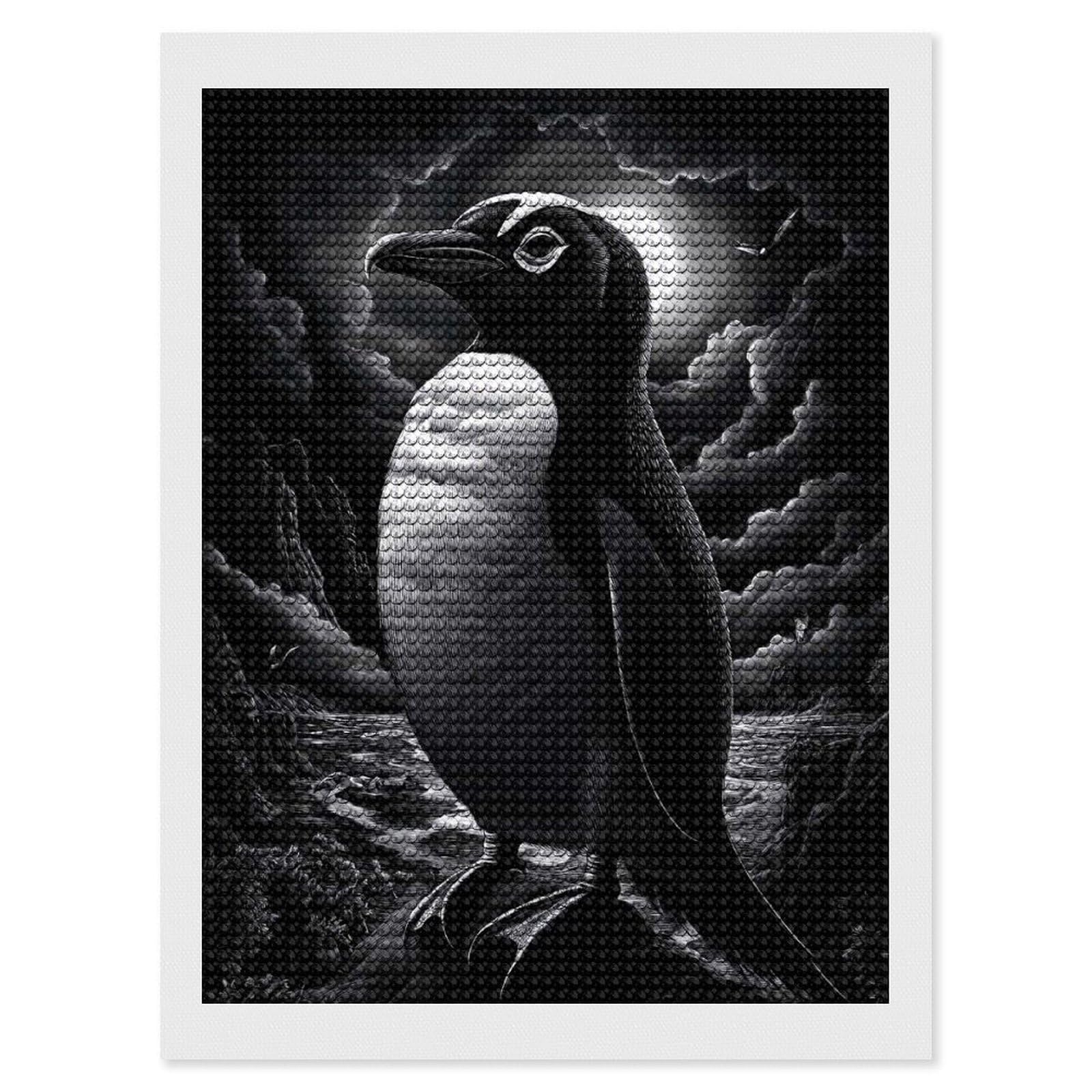 Junmoney Penguin Under Moonlight Diamond Art Kit 12"x16", for Beginners, Vintage Style Decor, Good for Quiet Evenings, Festive Craft Gift