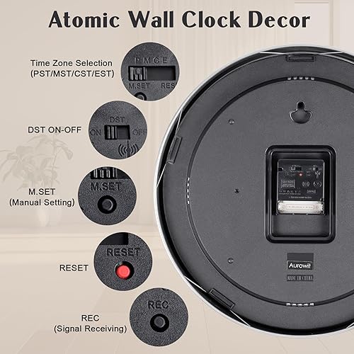 Miniatura 4 de Reloj de pared analógico atómico de 14 pulgadas, funciona con pilas, reloj de pared controlado por radio, juego automático de reloj de pared