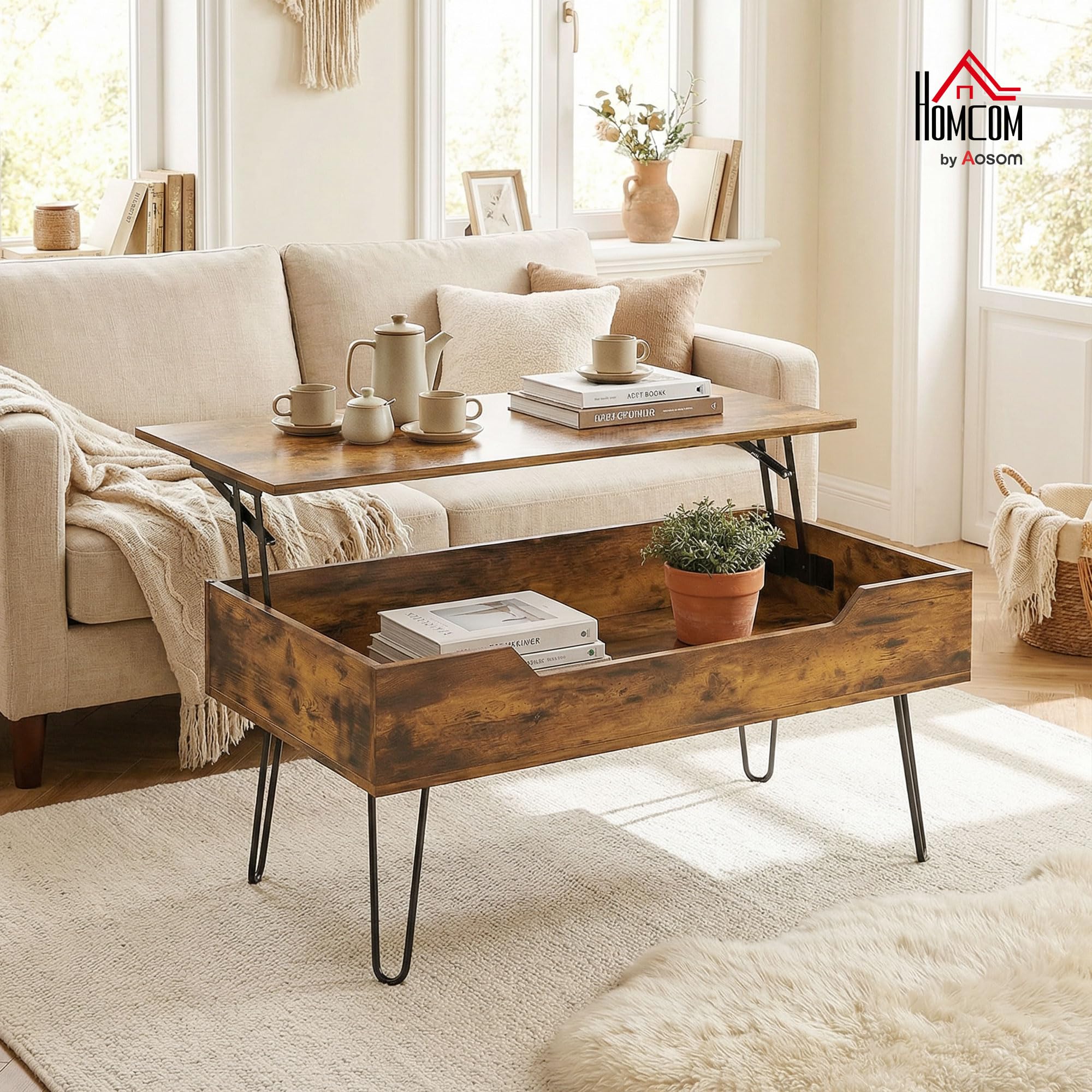 HOMCOM Mesa de Centro Elevable, Mesa de Café para Salón con Compartimento Oculto, Patas de Acero para Sala de Estar, Comedor, 95x50x40 cm, Marrón Rústico