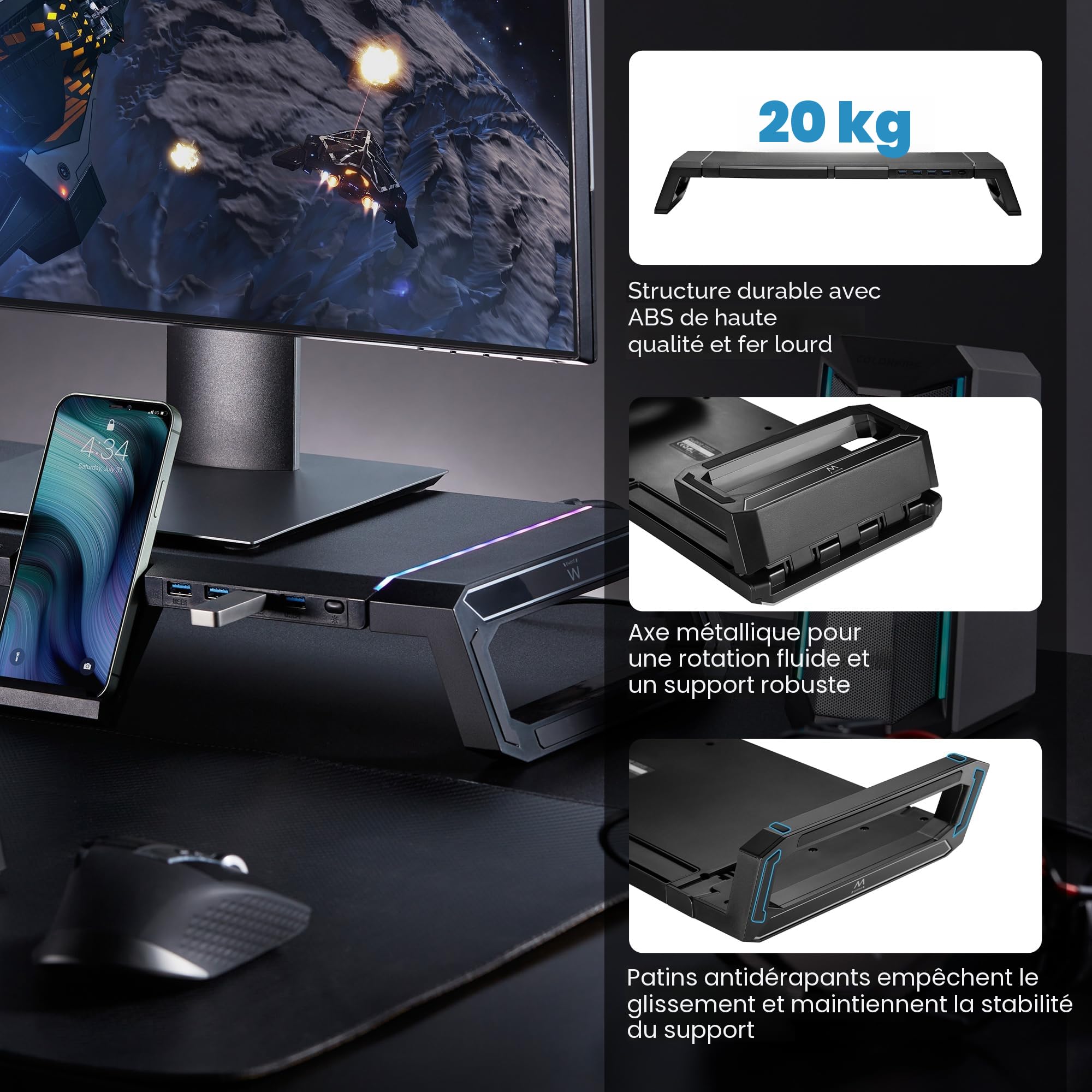 Support Écran avec Tiroir de Rangement – Rehausseur de Moniteur Réglable, Design Ergonomique avec Espace de Stockage, Idéal pour Bureau et Organisation
