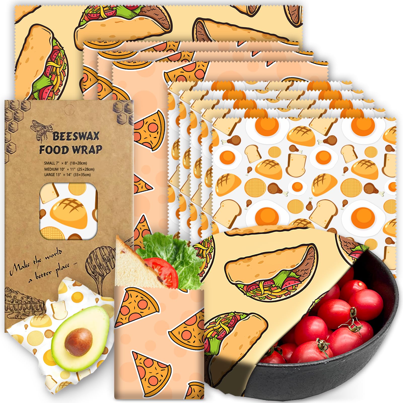 Beeswax Wrap, Beeswax Wraps For Food, Organic, Sustainable, Beeswax Food Wrap for Sandwich Storage, Reusable Beeswax Food Wrap 1L, 5M, 3S Food Patterns Beeswax Paper, 9 Pack Set