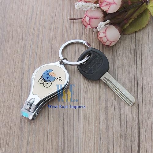 Miniatura 6 de 12 llaveros personalizados para baby shower con diseño de niño azul, cortaúñas y abrebotellas, regalo personalizado con grabado láser, Carriola