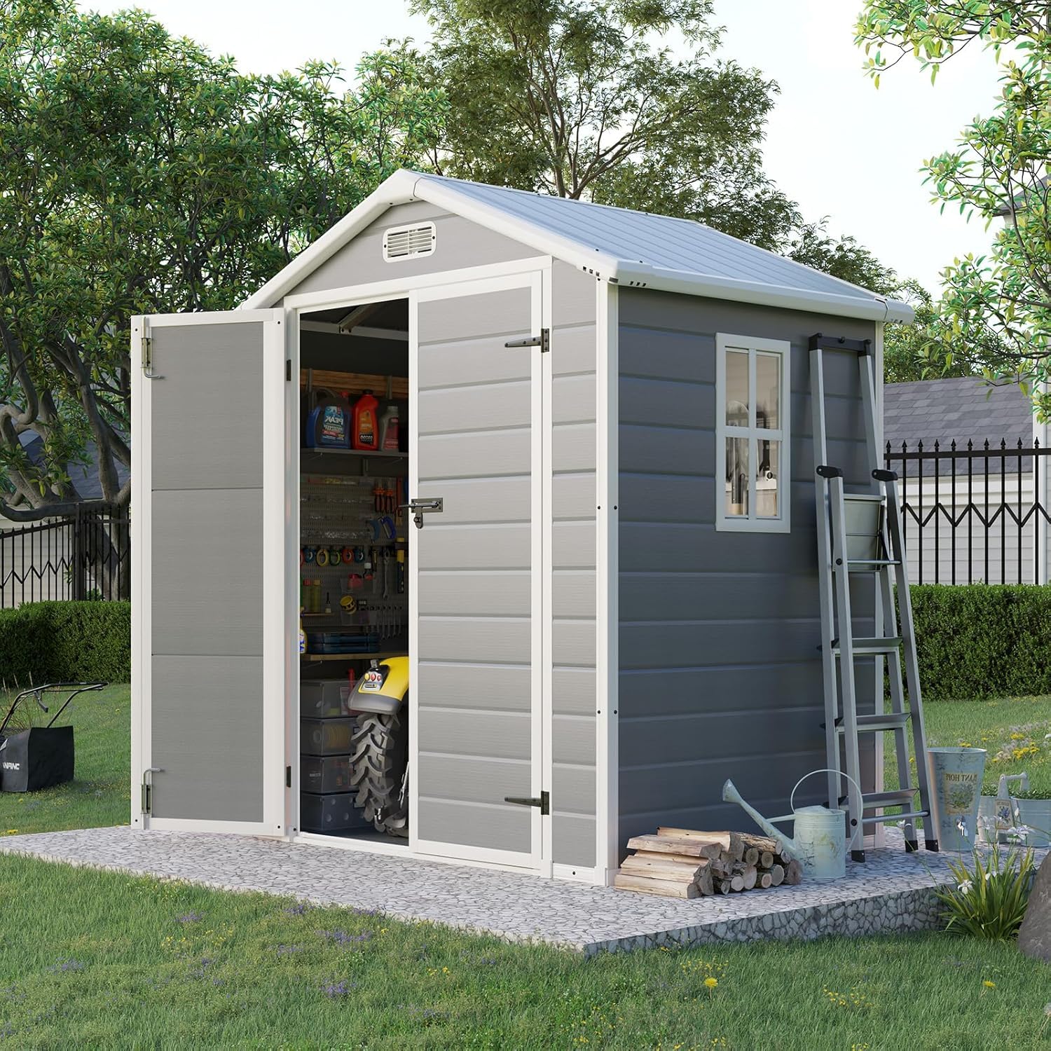 5.5 x 4.4 ft Resin Storage Shed with Floor, Tool Shed Outdoor Storage with Window, Vents, and Stainless Steel Cores, for/Bicycles/Lawnmowers/Pool Supplies, Grey