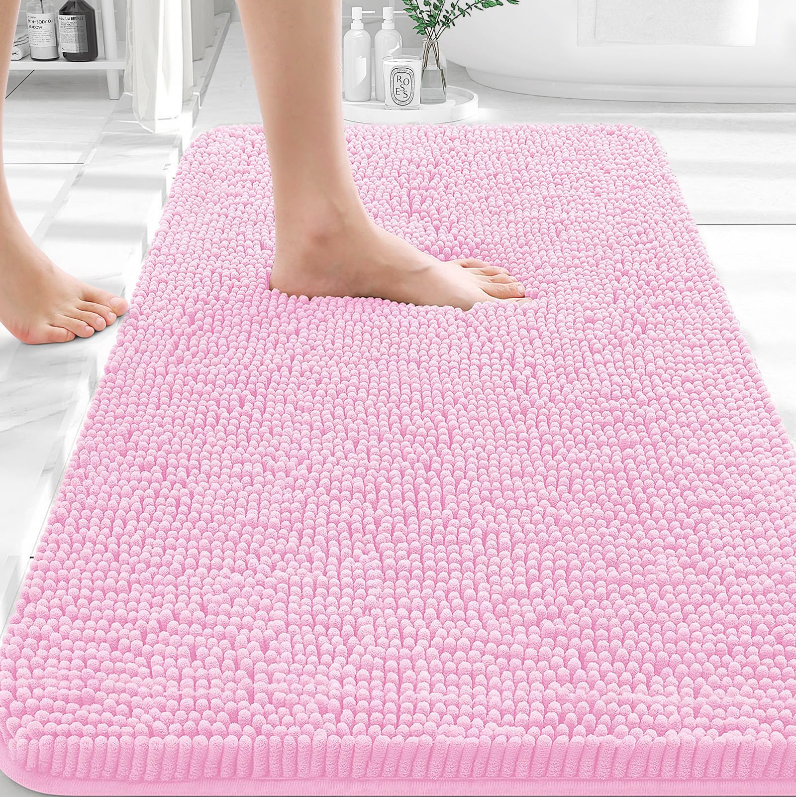 OLANLY Bathroom Rugs 35x24, Extra Soft Absorbent Chenille Bath Rugs | Pink, Quick-Drying Rubber Backing, Machine Washable Bath Mat for Bathroom Floor, Tub and Shower, Home Decor Accessories