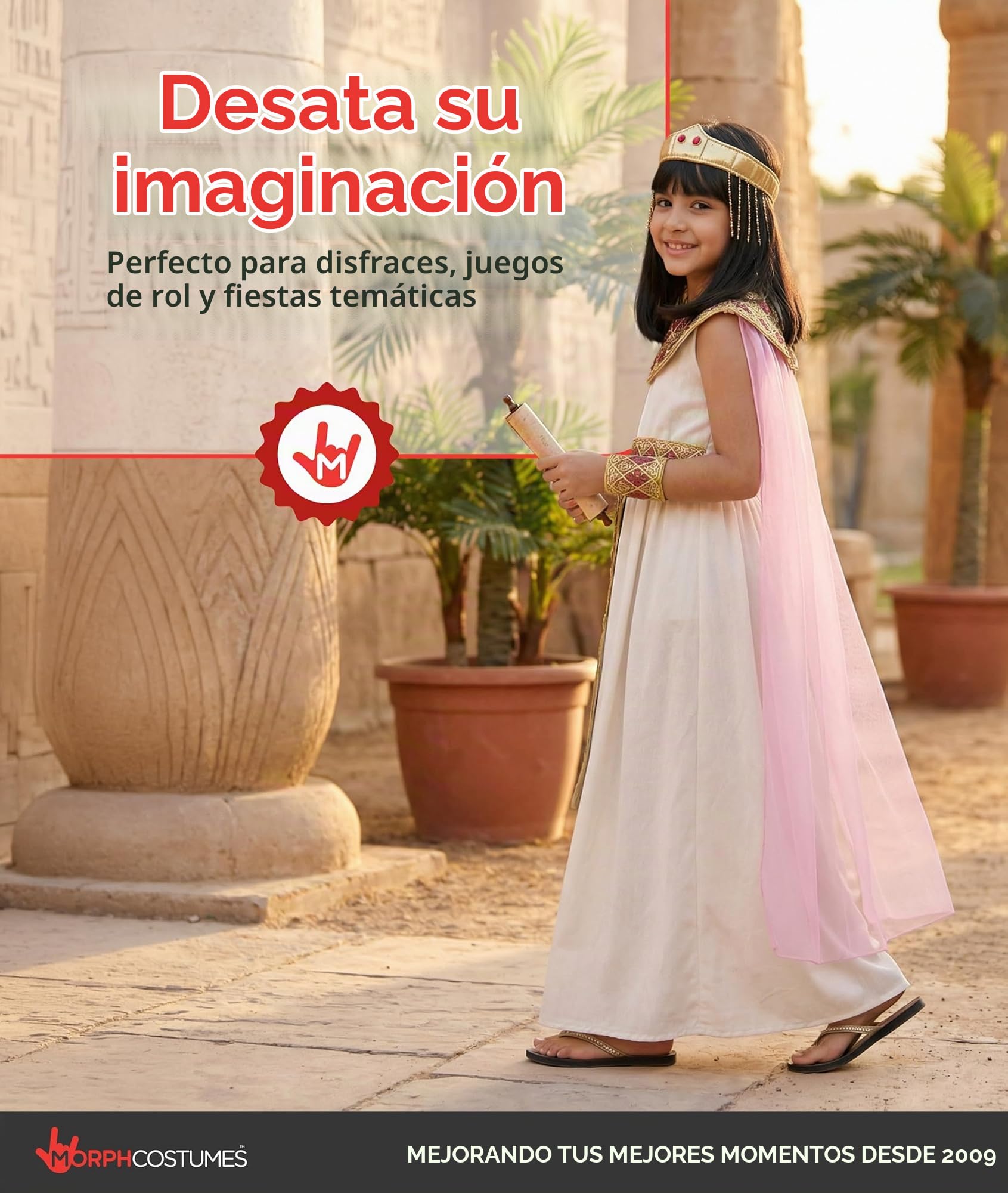 Morph Disfraz Cleopatra Niña, Disfraz Egipcio Halloween Niña | Vestido, Capa, Collar & Tocado, Reina del Nilo, Cierre de Velcro, Perfecto para Halloween, Ideal para Juegos de Rol
