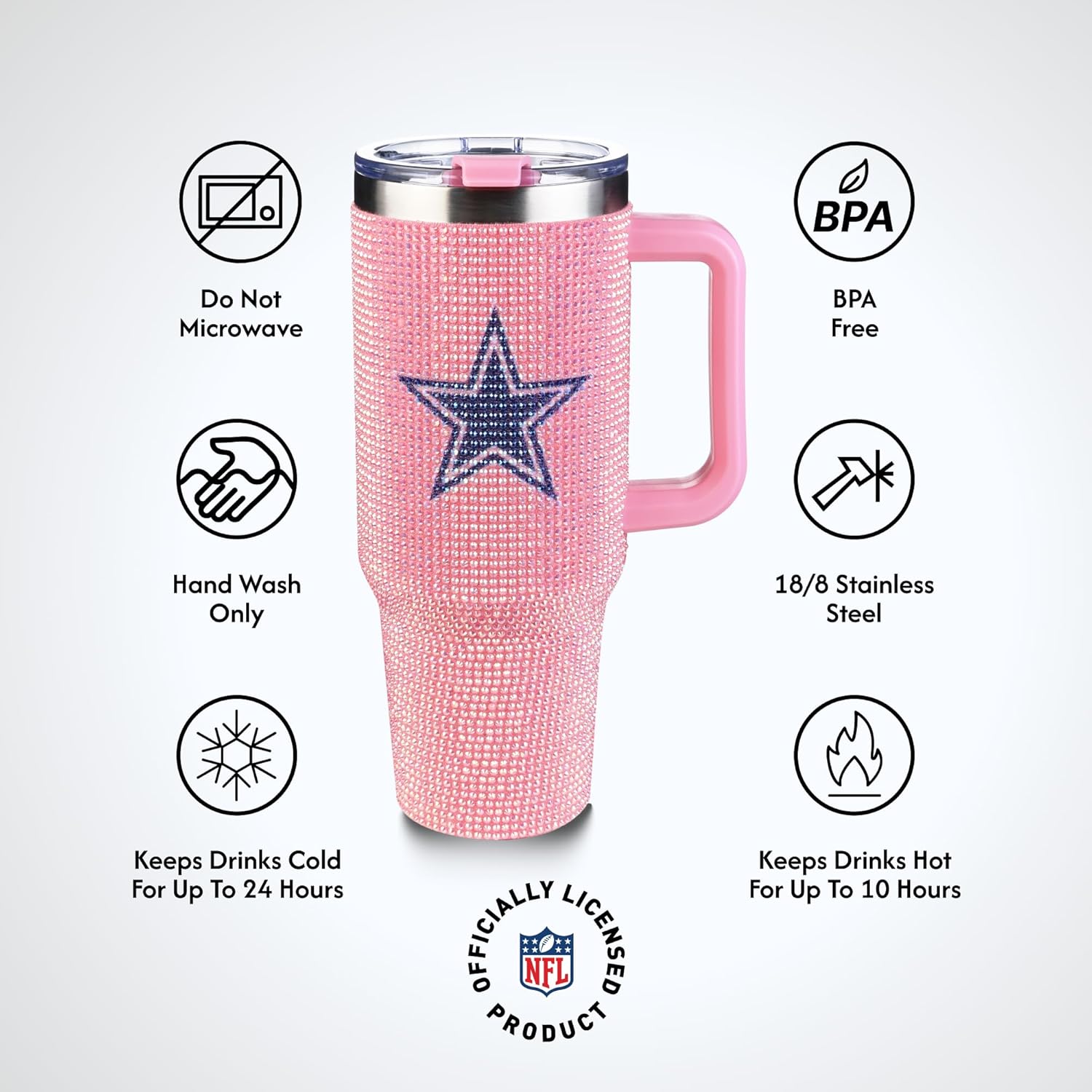 The Memory Company Officially Licensed 40oz Pink Bling Game Day Tumbler, Dallas Cowboys